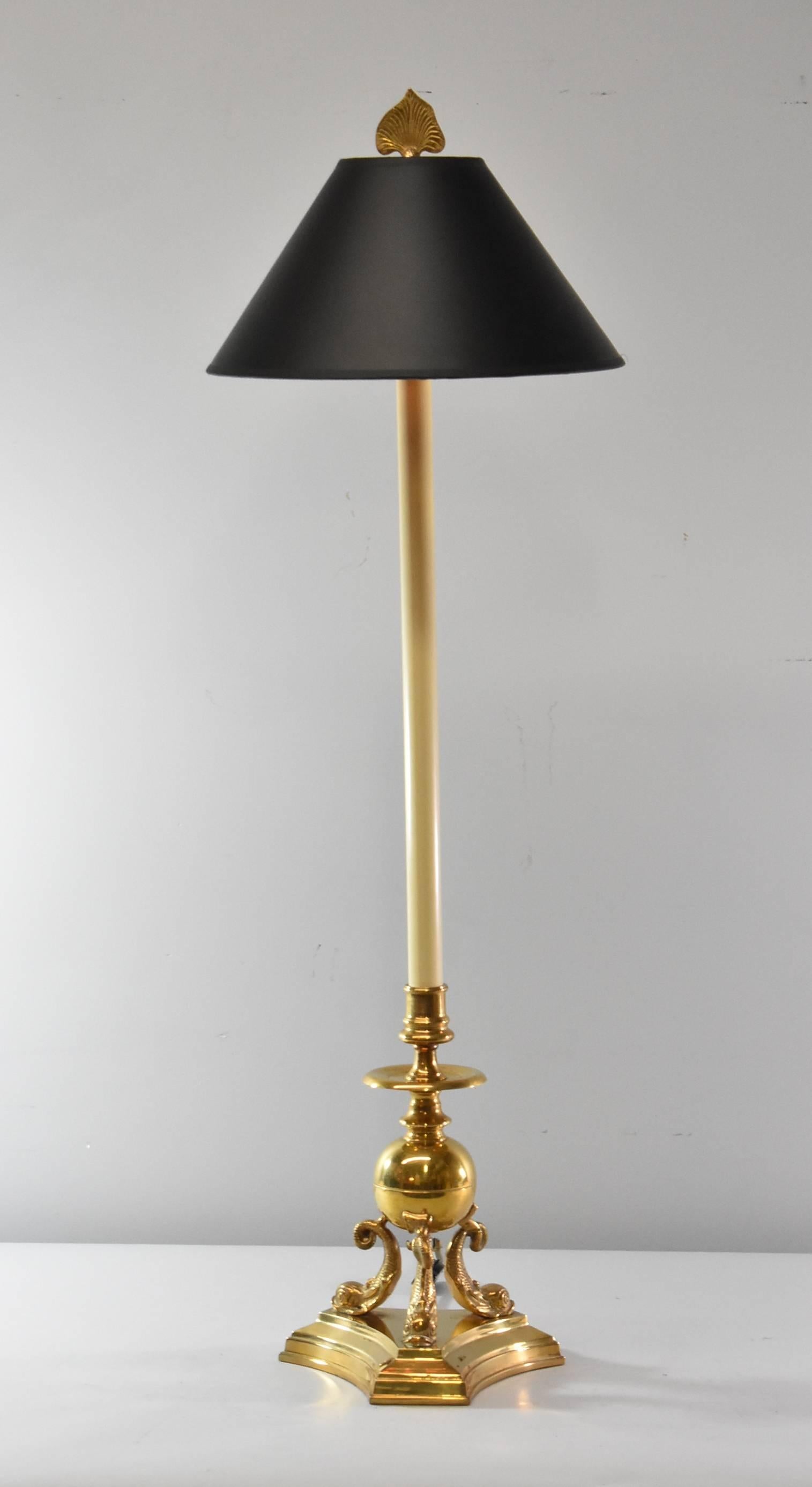 Late 20th Century Pair of Tall Brass Buffet Lamp with Dolphin Base by Chapman, 1987