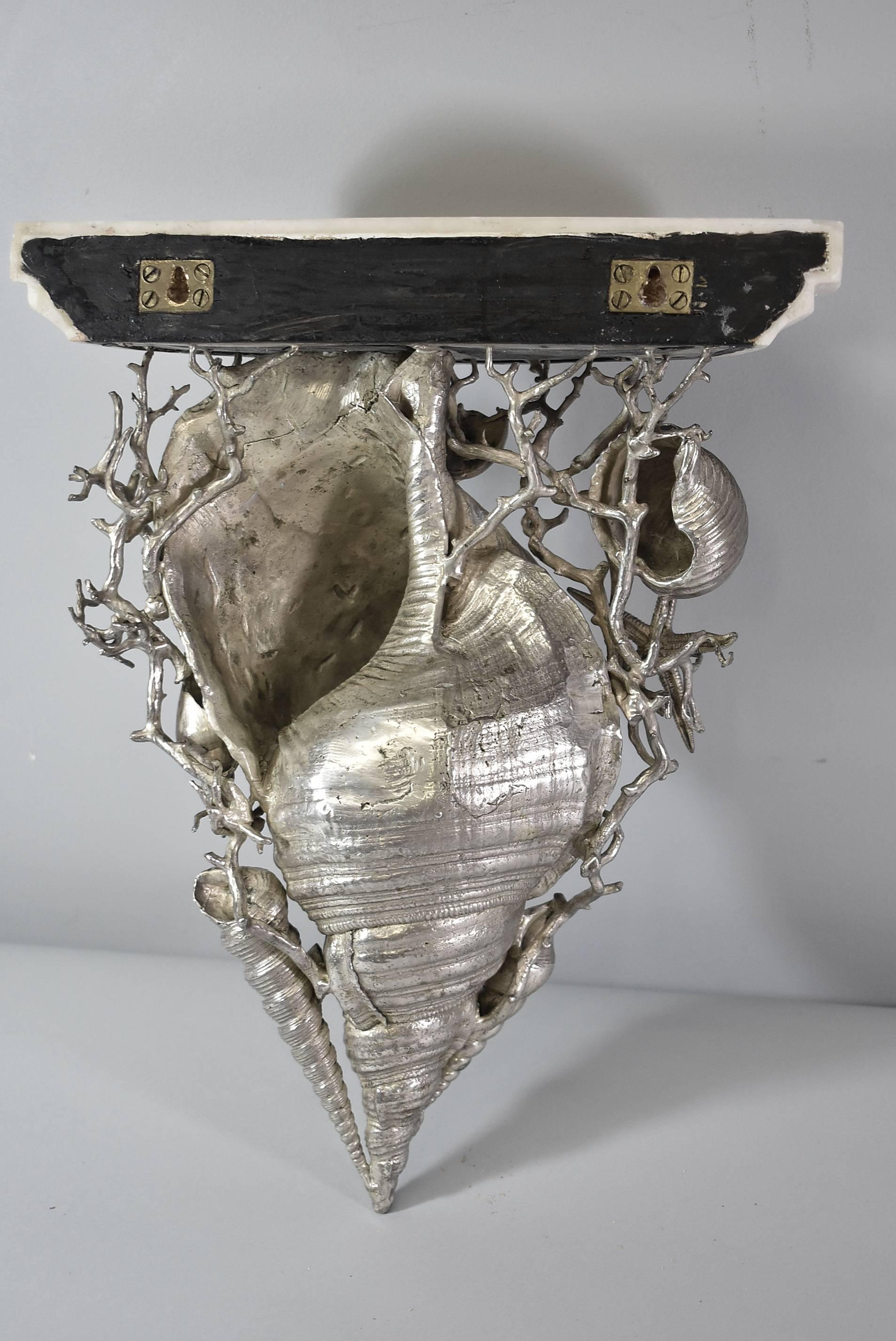 Silvered Pair of Marble-Top Silver Plated Brass Shell Wall Shelves by Maitland Smith