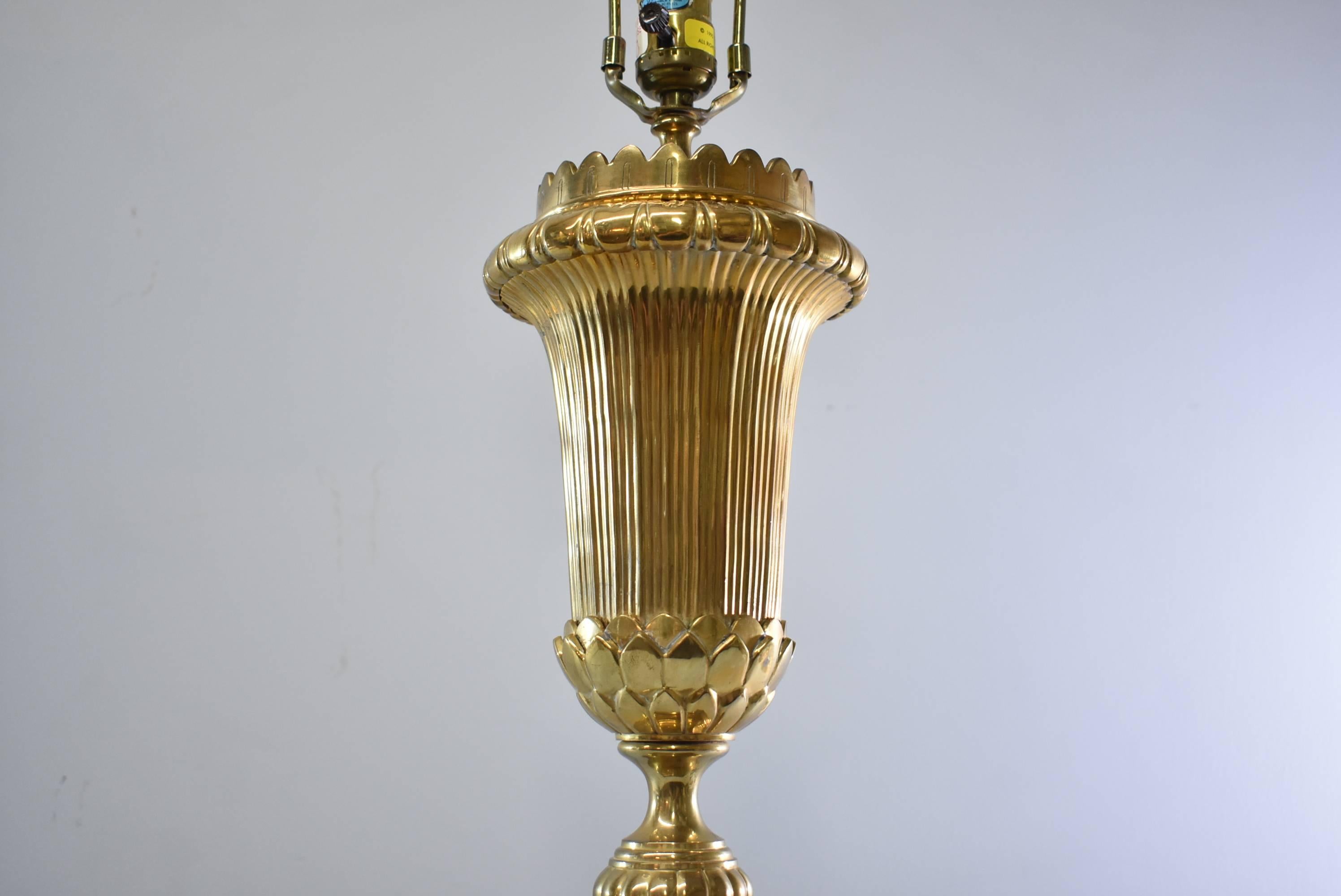 Late 20th Century Pair of Chapman Brass Table Lamps Torch Form with Wreath Finial, circa 1990