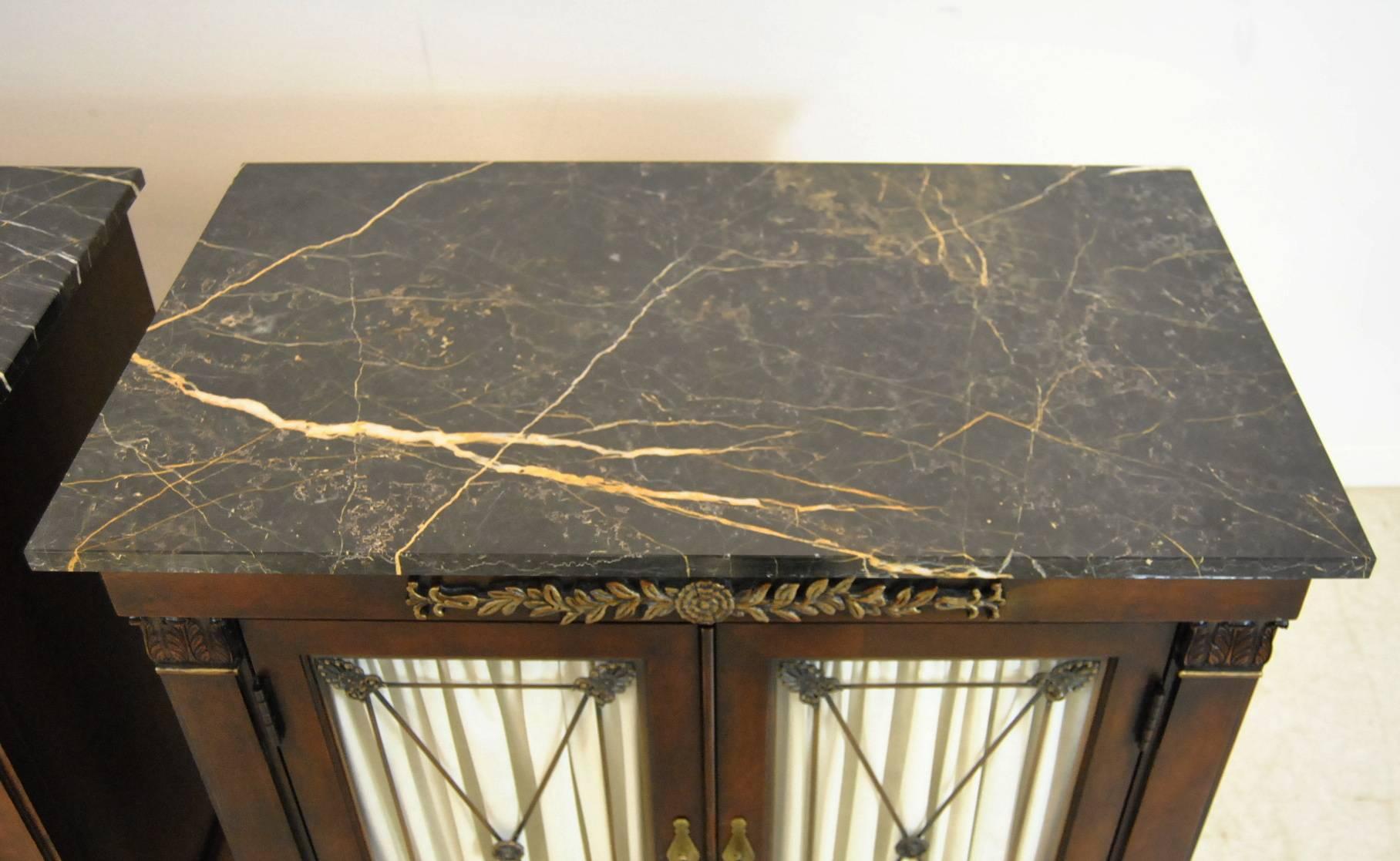 Pair of New St Laurent Empire Style Marble-Top Double Door Cabinets by Henredon 1