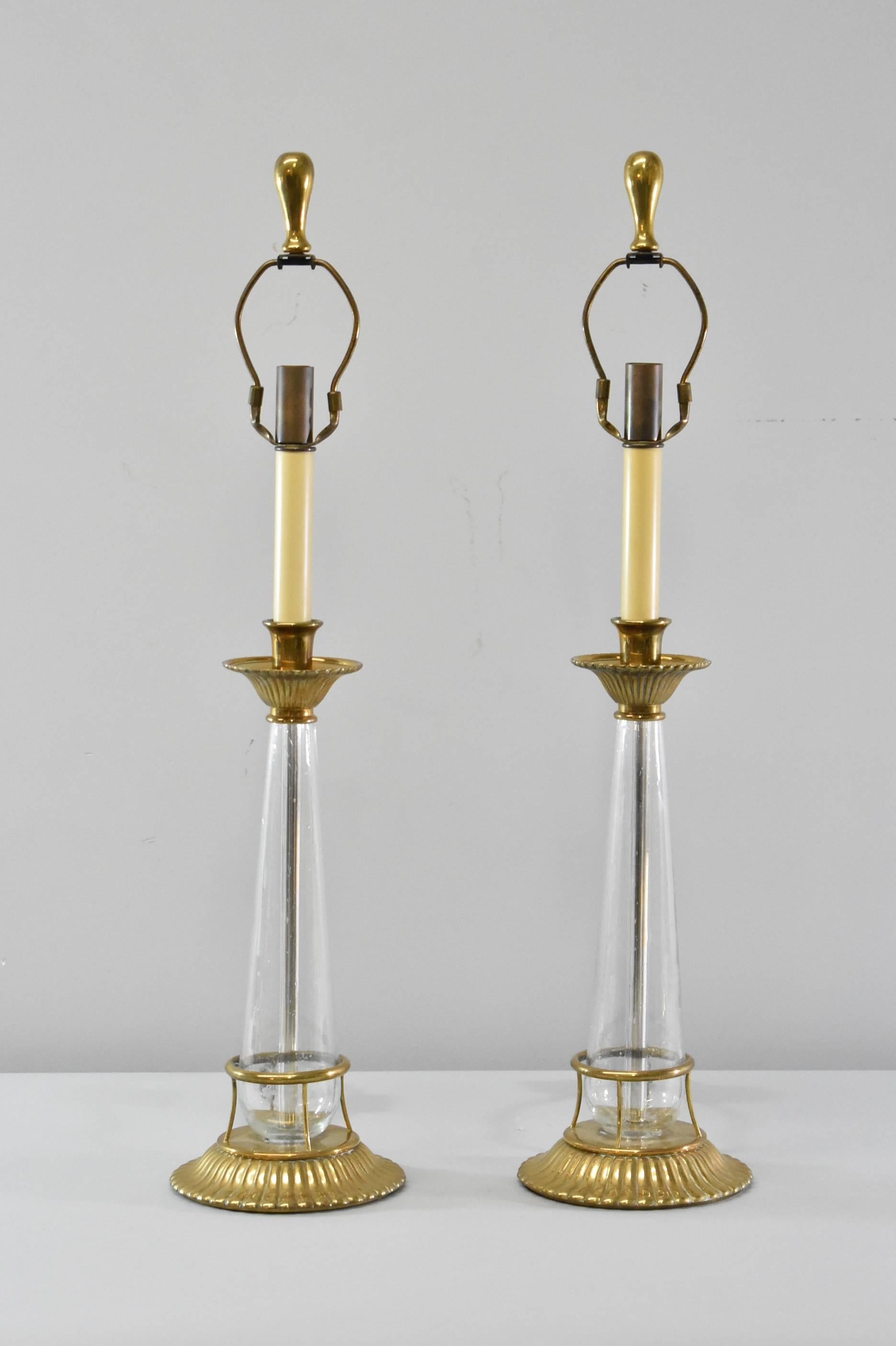 Modern Pair of Chapman Buffet Lamps Brass and Glass Candlestick Form, 1988