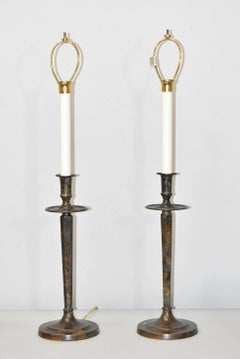 Pair of Maitland-Smith Buffet Lamps with Verdigris Copper Finish & Copper Shades