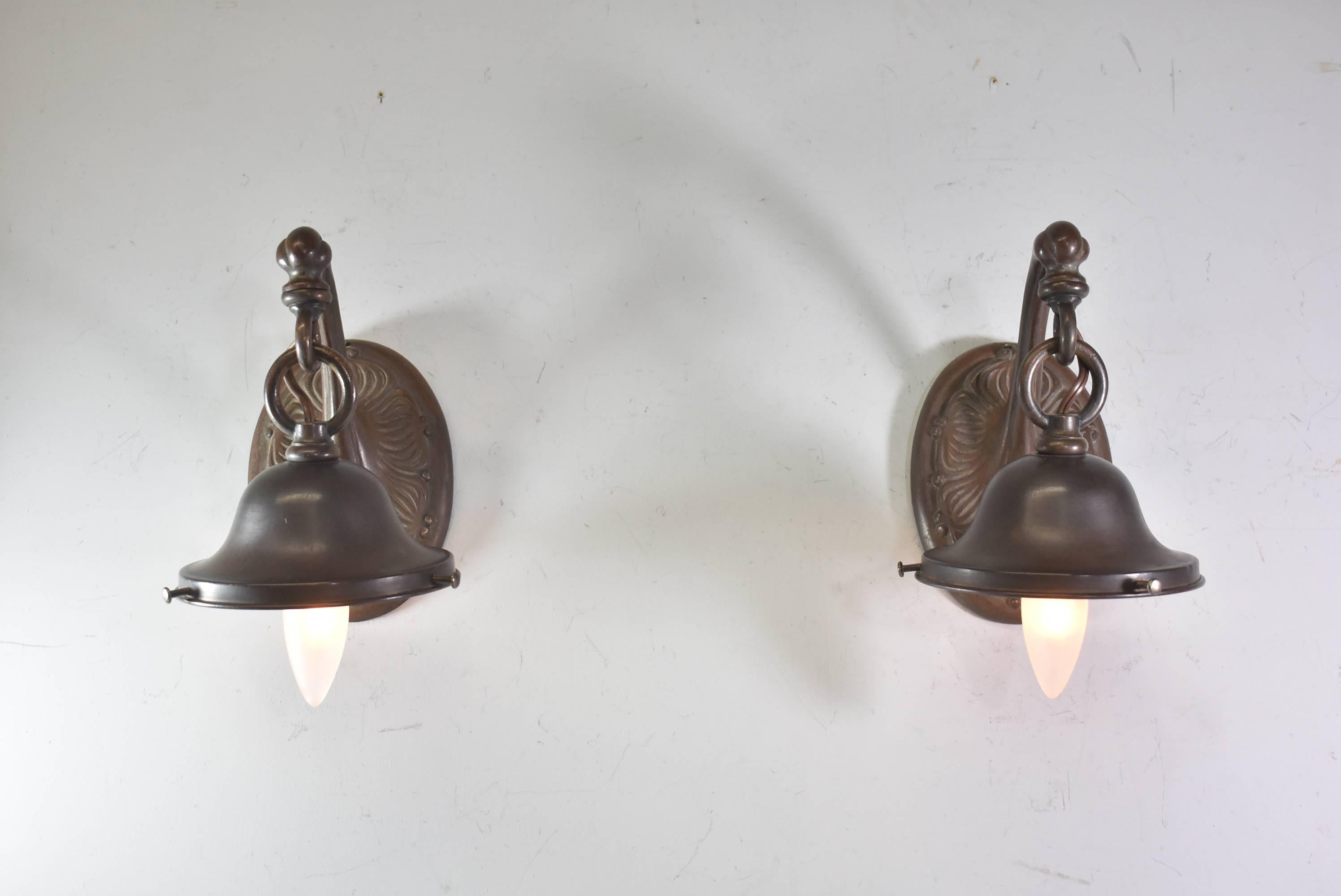 American Pair of Antique Bronze Handel Tudor Style Wall Sconces Interior Exterior