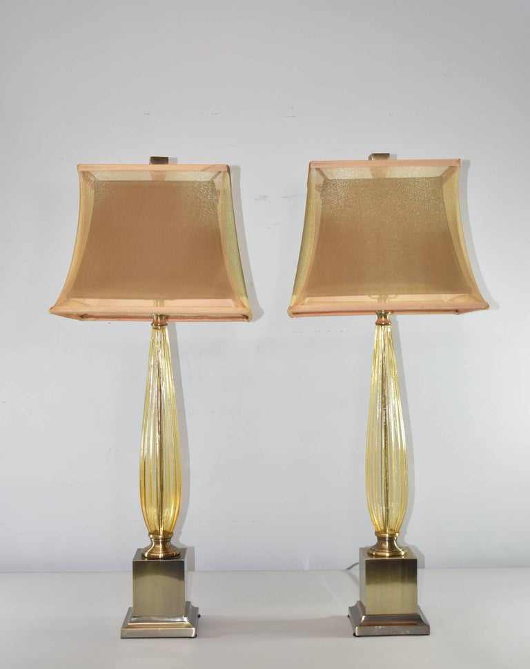 Pair of Antiqued Brass and Amber Glass Table Lamps by John Richard For
