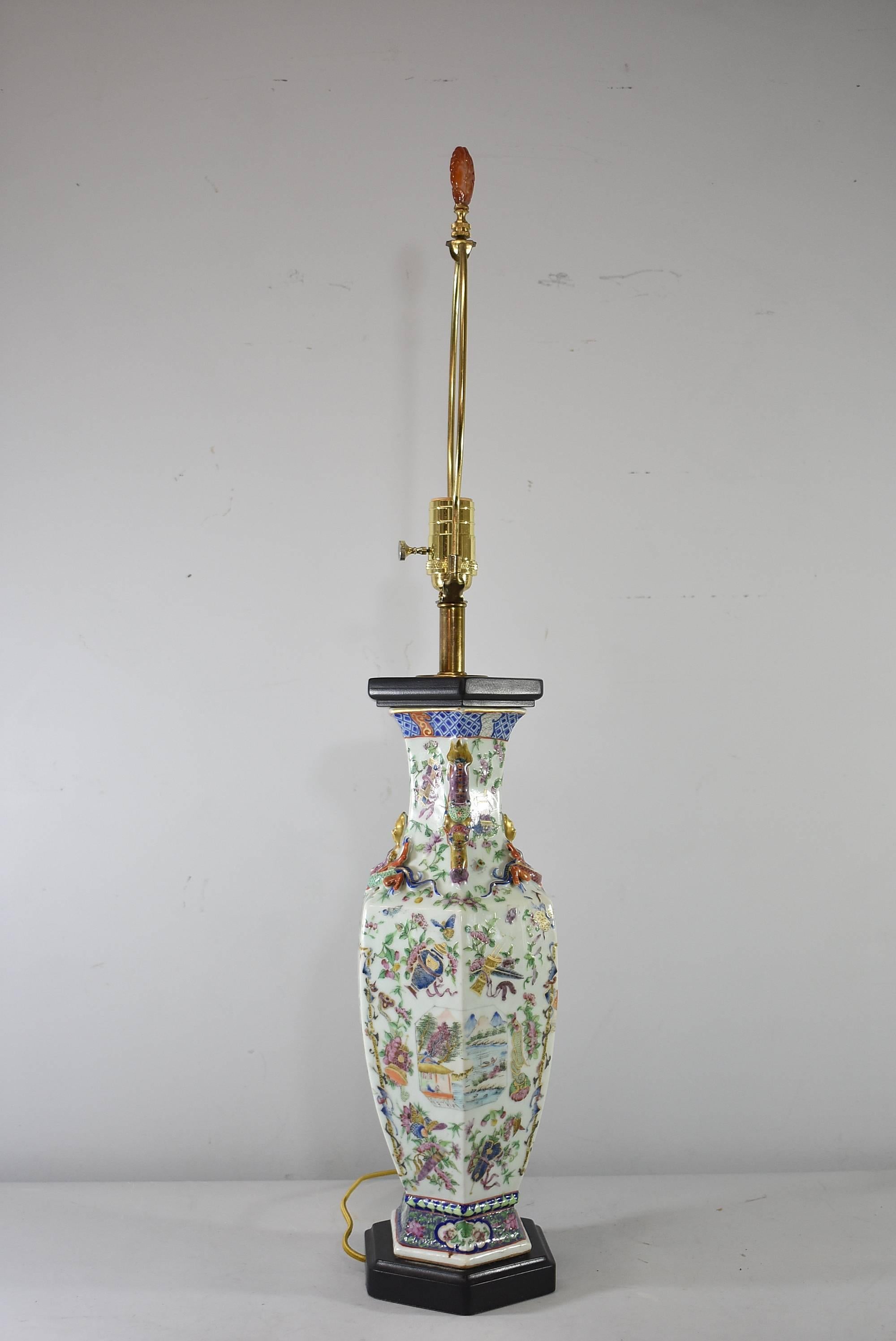 Porcelain 19th Century Chinese Famille Rose Medallion Table Lamp with Quartz Finial