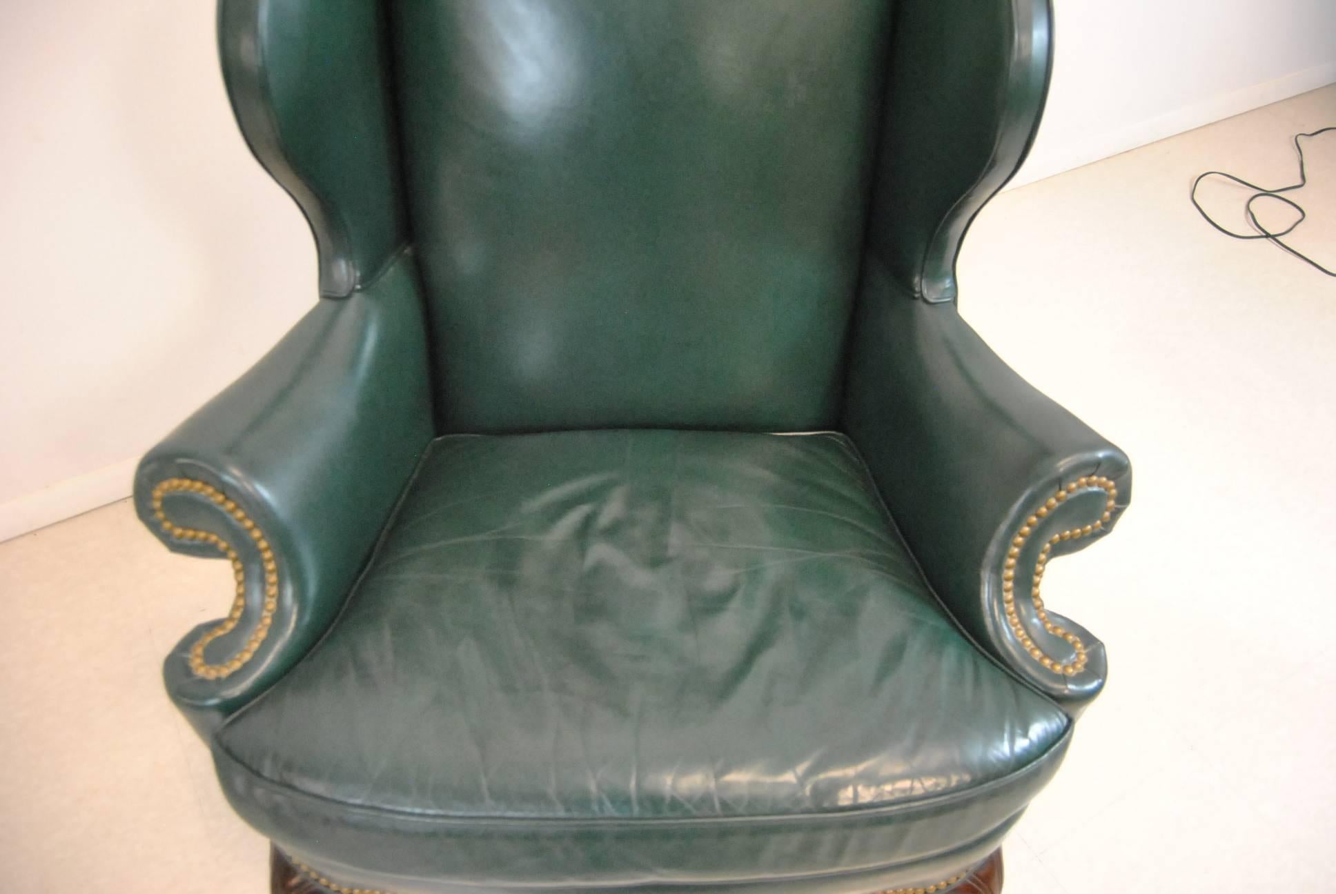 American Hancock and Moore Green Leather Wingback Chair with Nailhead Trim
