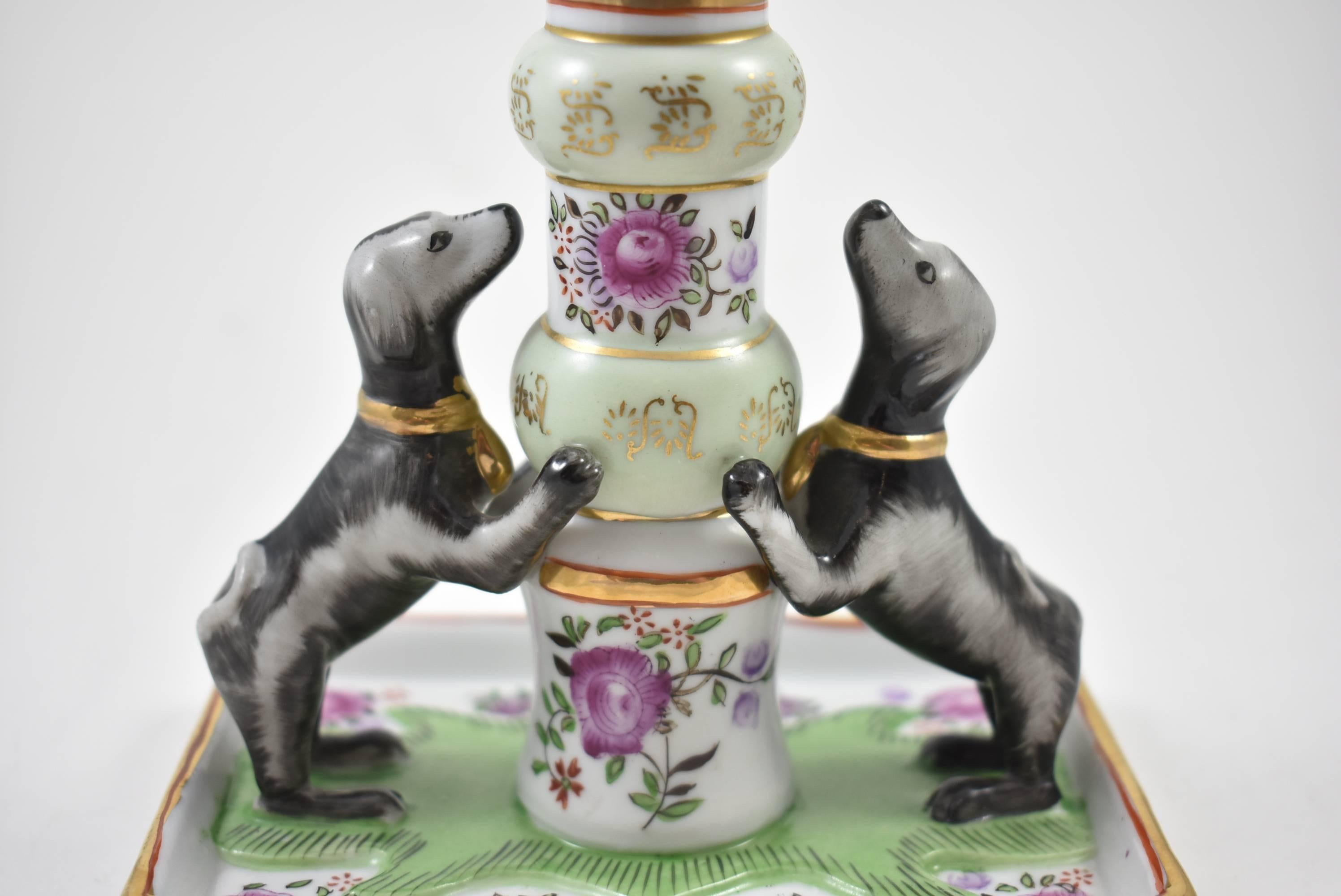 Pair of Handpainted Porcelain Rose Famille Candleholders with Dogs by Mottahedeh In Good Condition In Toledo, OH