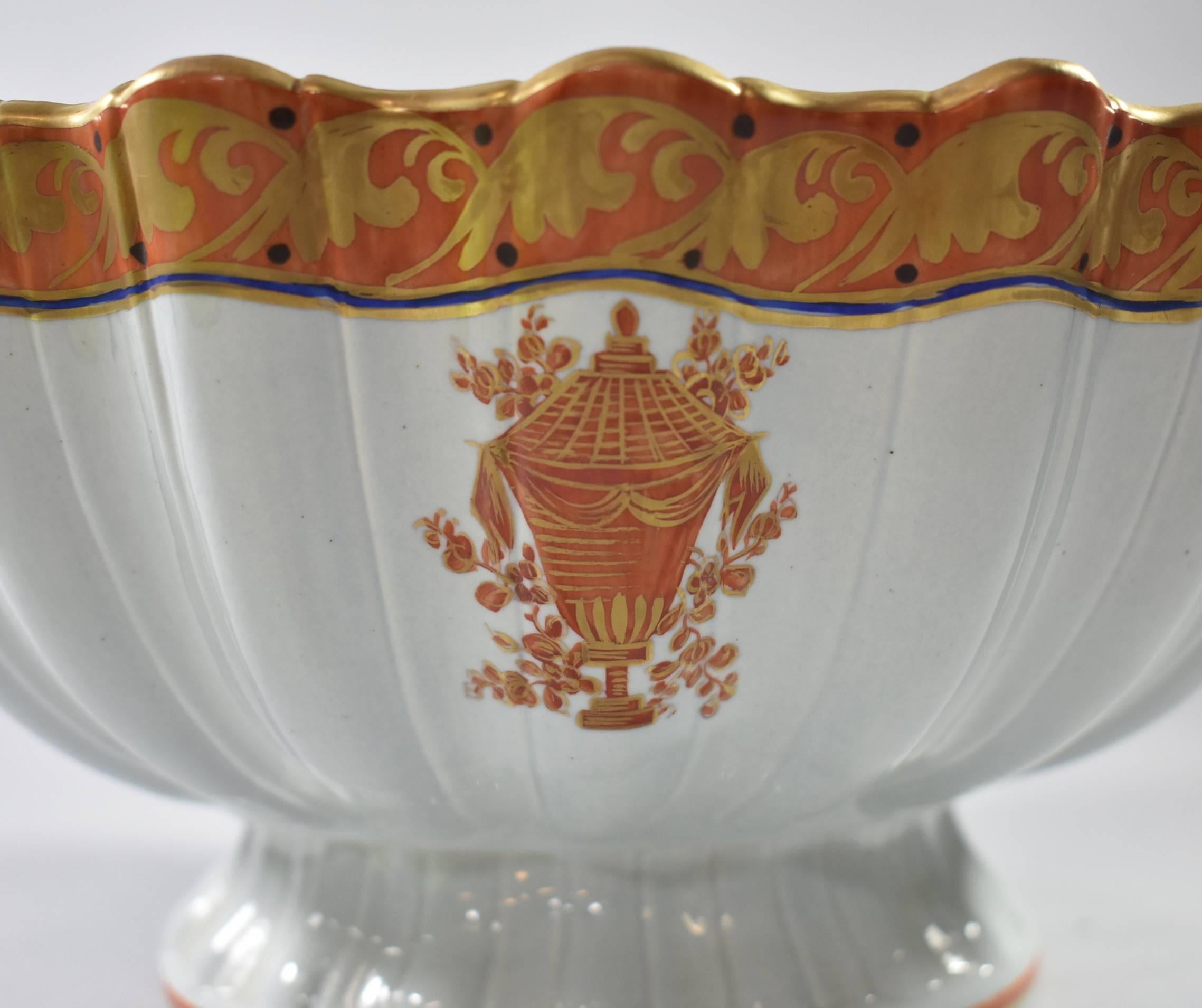 20th Century Italian Porcelain Orange and Gold Detail Footed Bowl Scalloped Edge, Mottahedeh