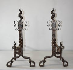 Pair of Gothic Revival Hammered Forged Iron Andirons Attributed to Yellen