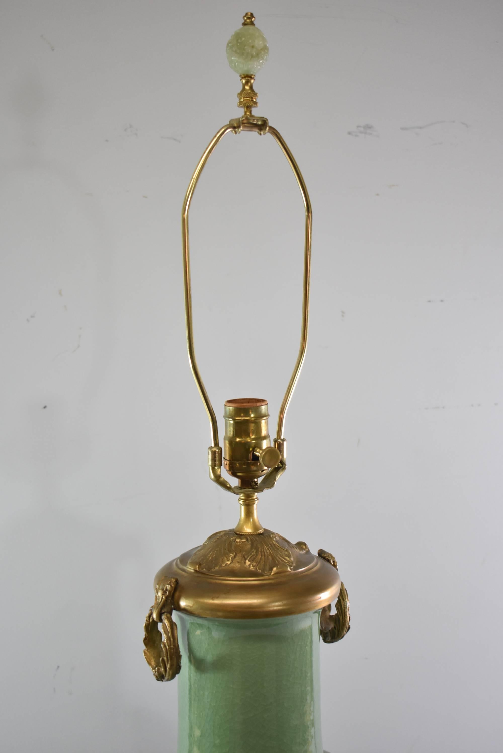 Antique Asian Style Celedon Porcelain and Bronze-Mounted Table Lamp In Good Condition In Toledo, OH