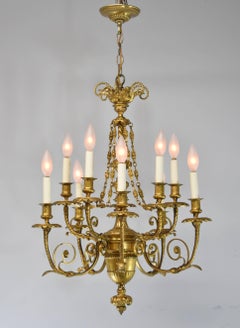 French Style Ten-Arm Bronze Gold Doré Chandelier Rose Swag Details