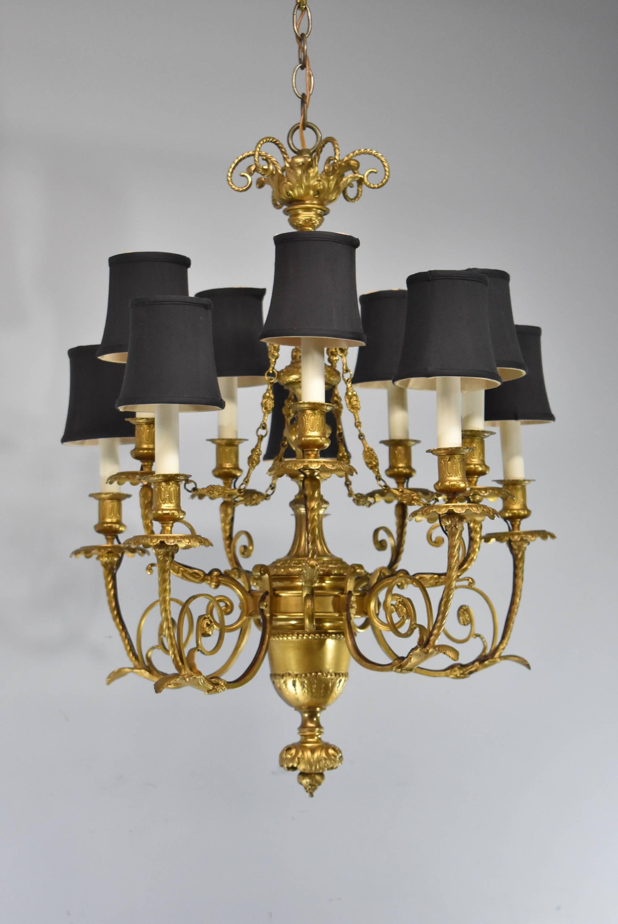 French Style Ten-Arm Bronze Gold Doré Chandelier Rose Swag Details For Sale 2