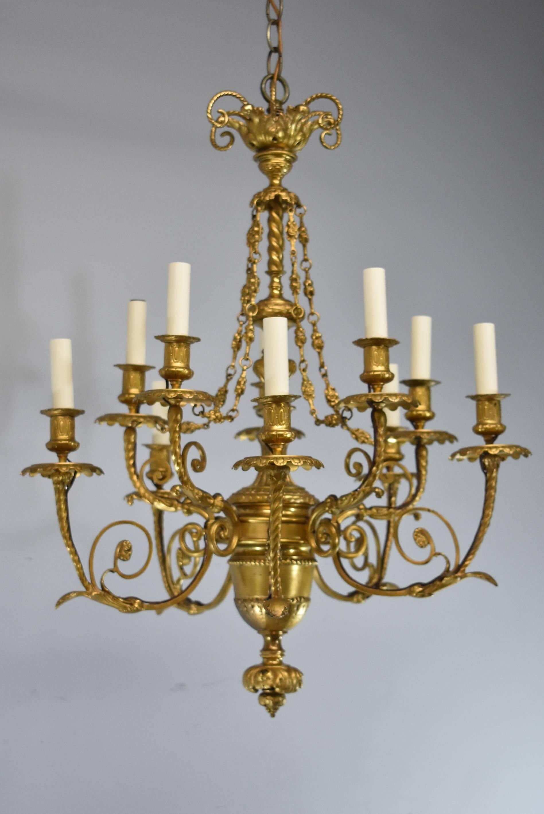 French Style Ten-Arm Bronze Gold Doré Chandelier Rose Swag Details For Sale 1