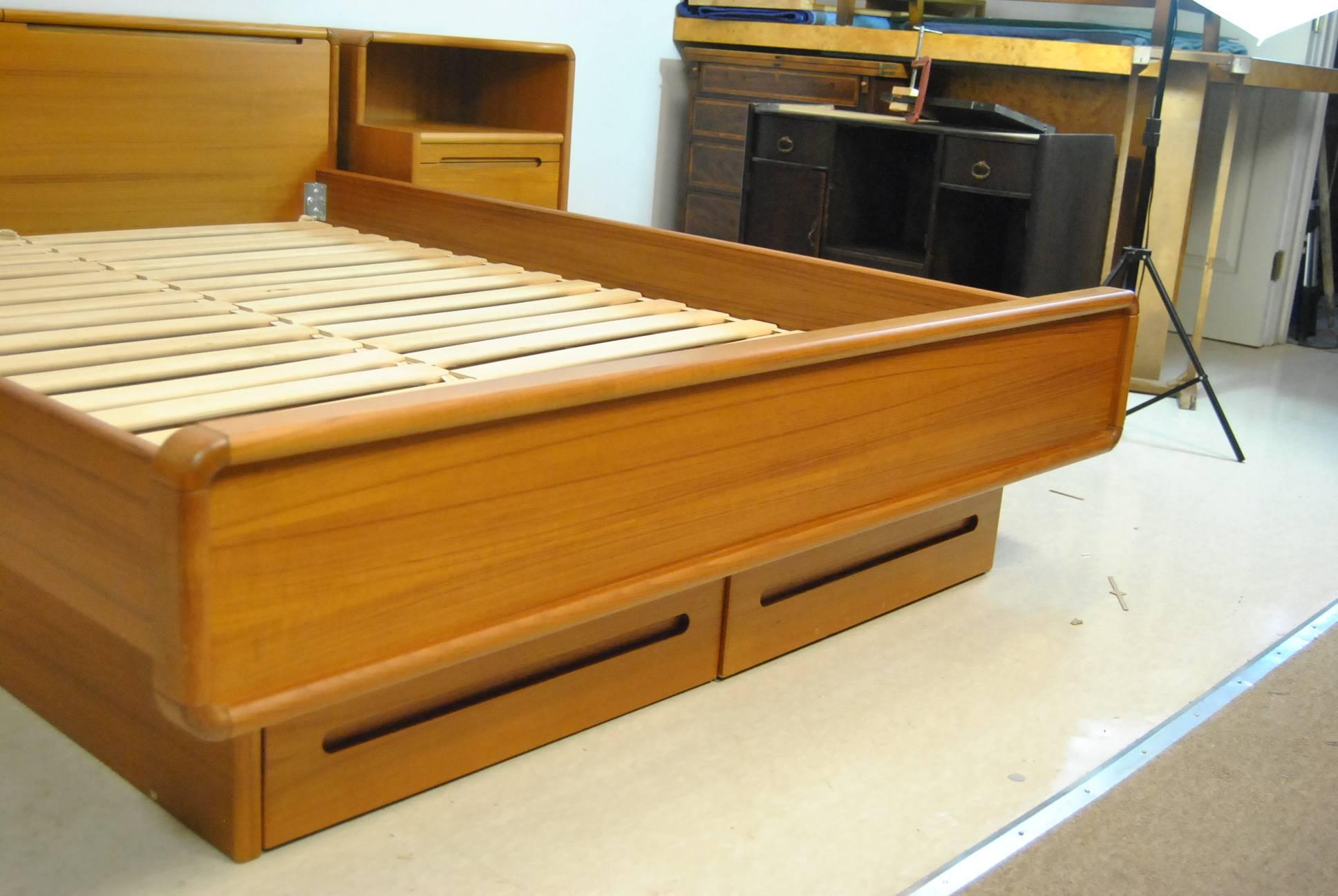 American Teak Midcentury Queen Size Platform Bed with Nighstand by Sun Cabinet