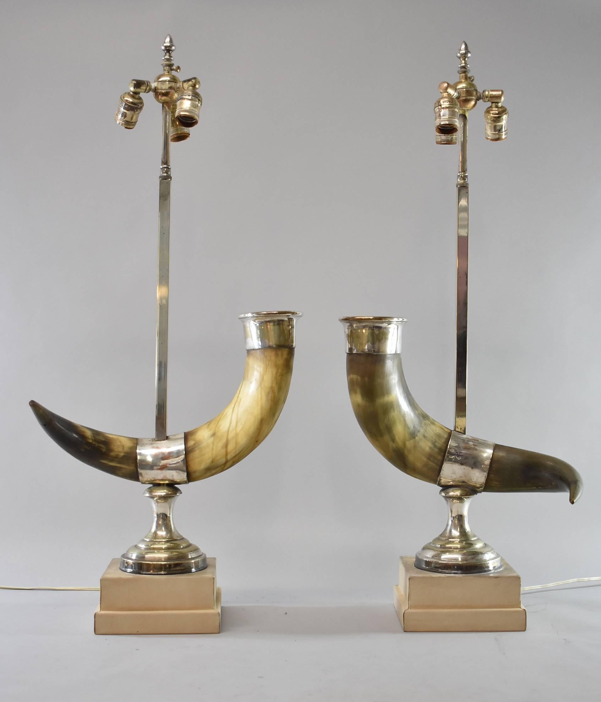 Rustic Pair of Natural Long Horn Steer Table Lamps 
