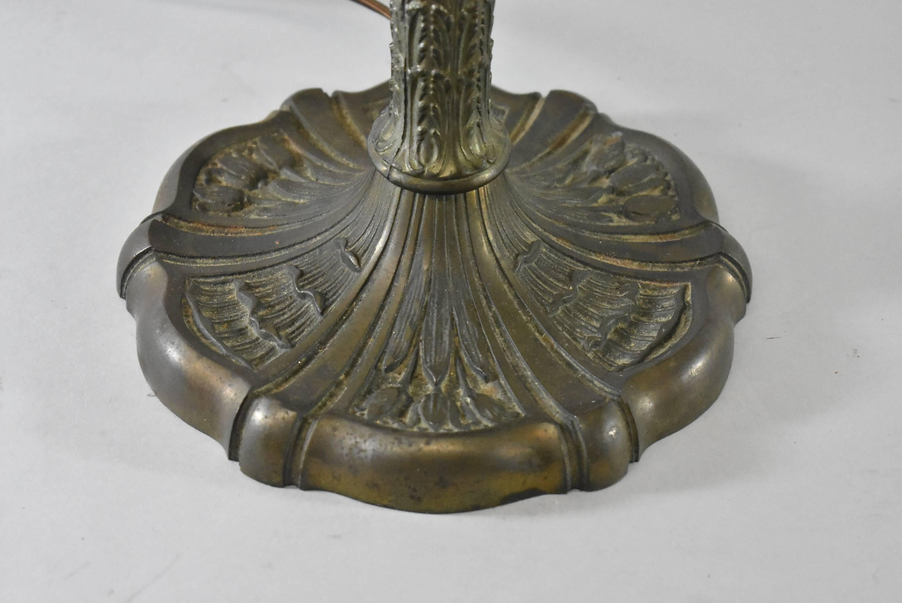 Early 20th Century Signed Miller Lamp Company Bent Panel Leaded Glass Lamp with Bird and Flowers