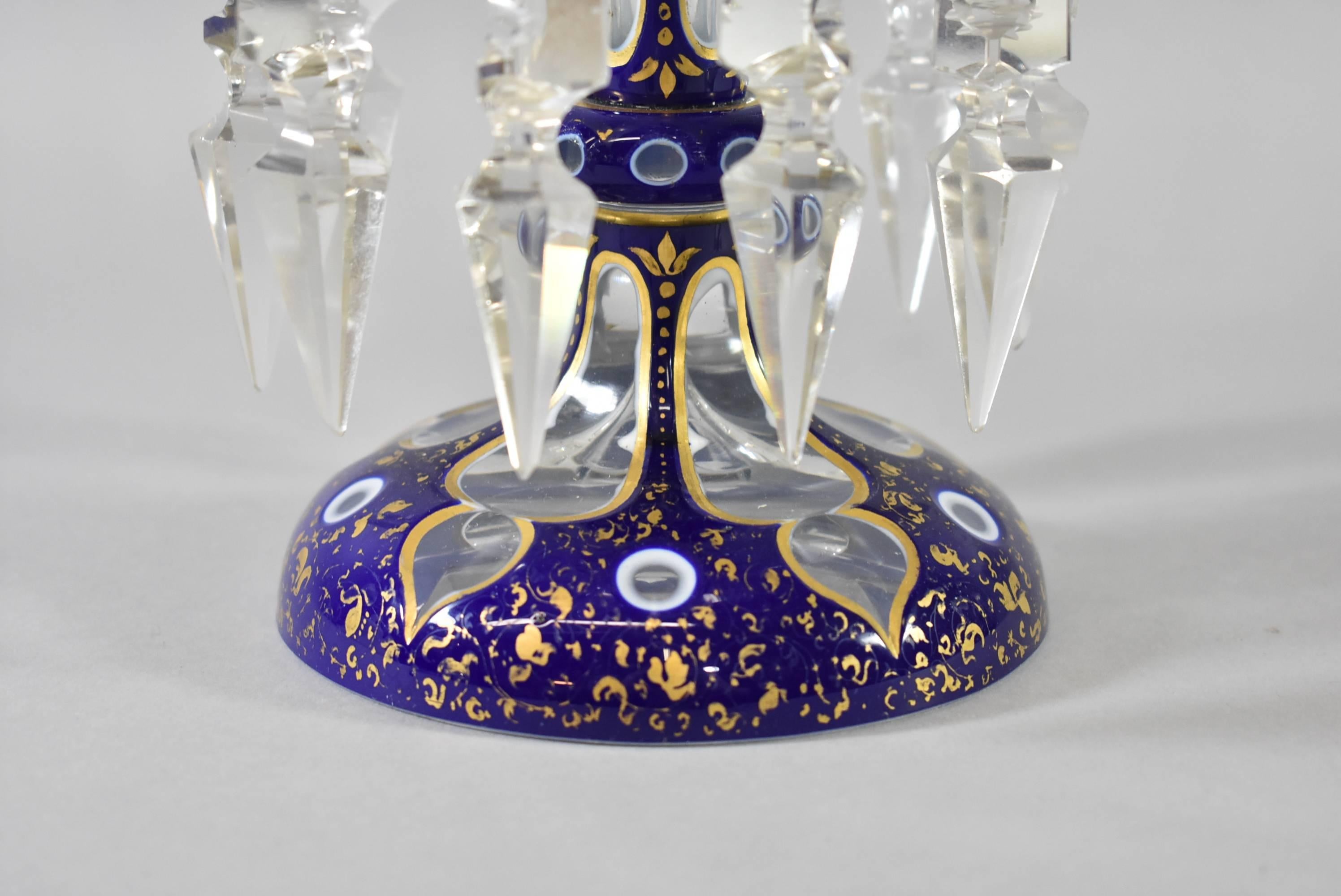Pair of Cobalt Blue and Gold Moser Bohemian Style Lustre Vases with Crystals 1
