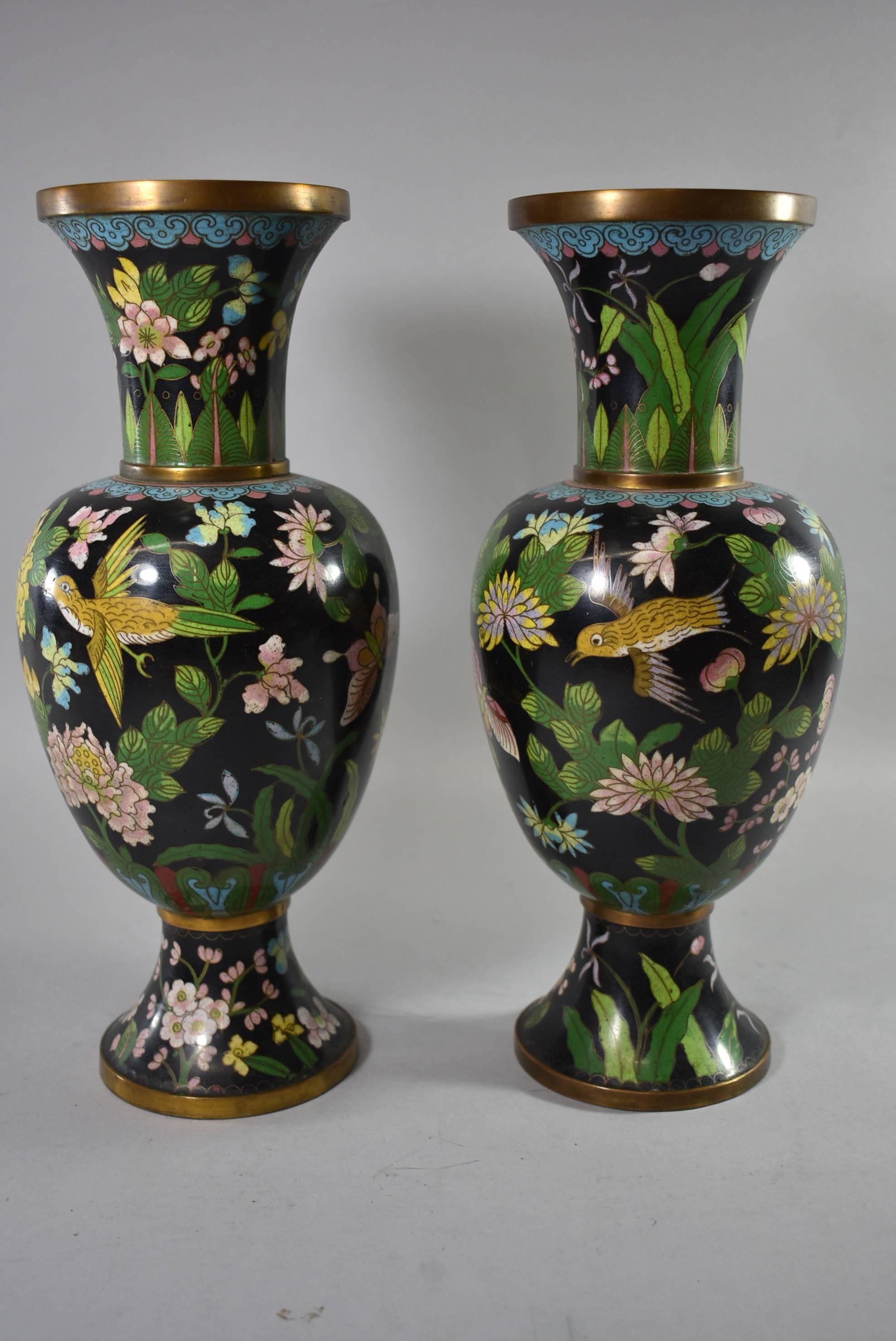 20th Century Pair of Black Chinese Cloisonne Vases with Birds and Butterflies