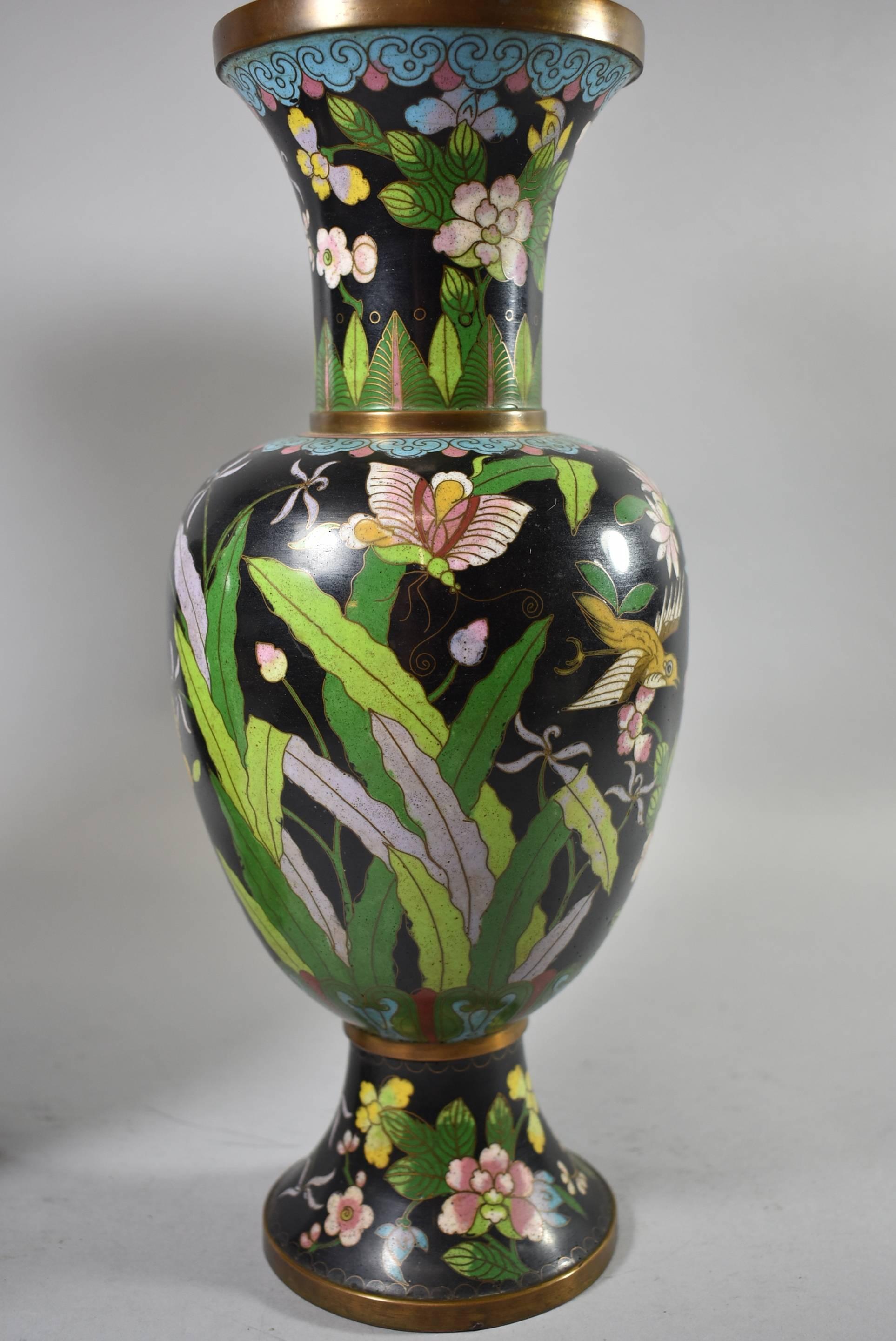 Pair of Black Chinese Cloisonne Vases with Birds and Butterflies In Good Condition In Toledo, OH