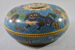 Antique Chinese Cloisonne Covered Bowl White Jade Medallion