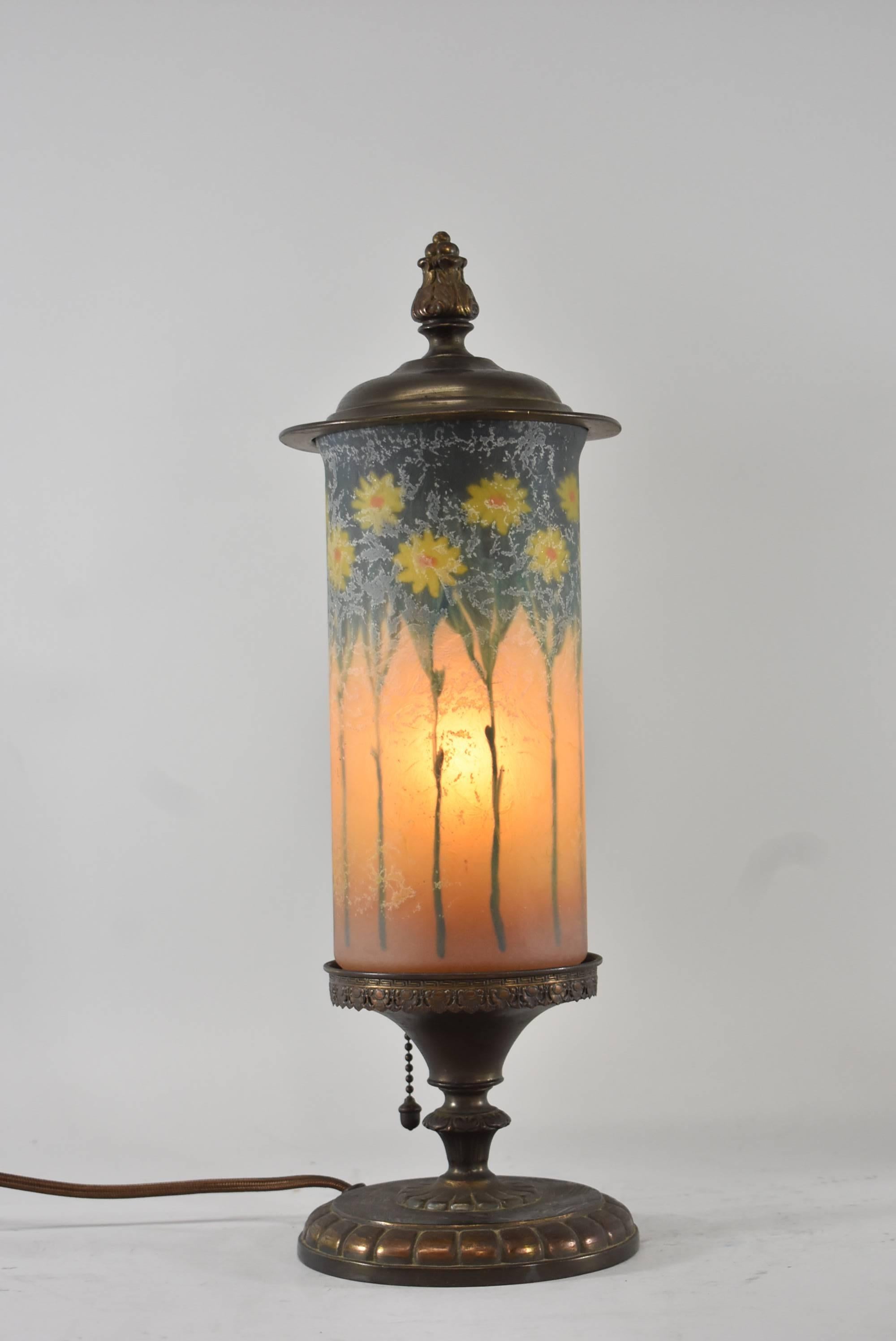 American Pair of Signed Reverse Painted Mantel Lamps with Daisies
