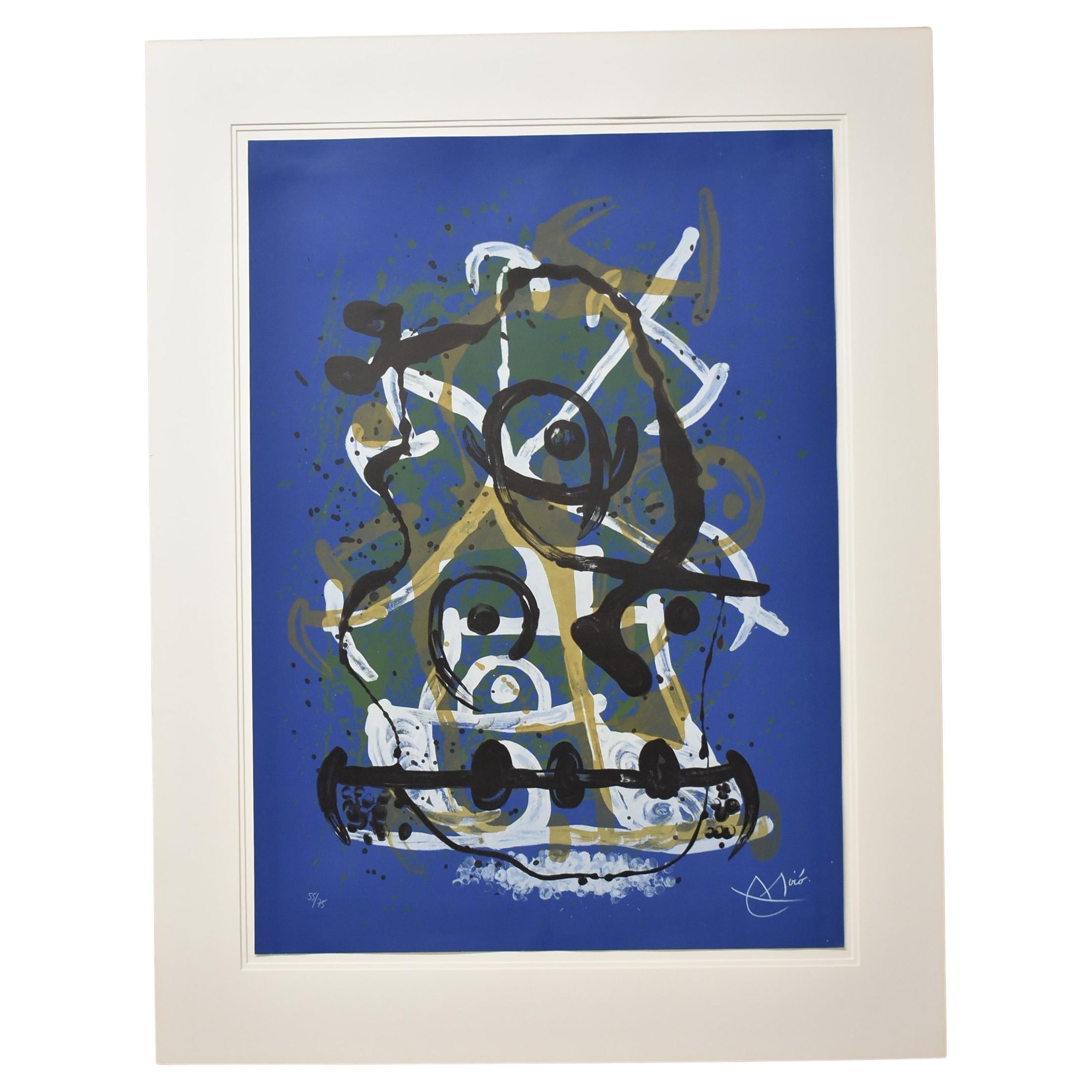 Jean Miro Spanish Abstract Lithograph Chevauchee Bleu Brun Signed 55/75, 1969