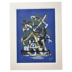 Jean Miro Spanish Abstract Lithograph Chevauchee Blue Brun Signed 55/75, 1969