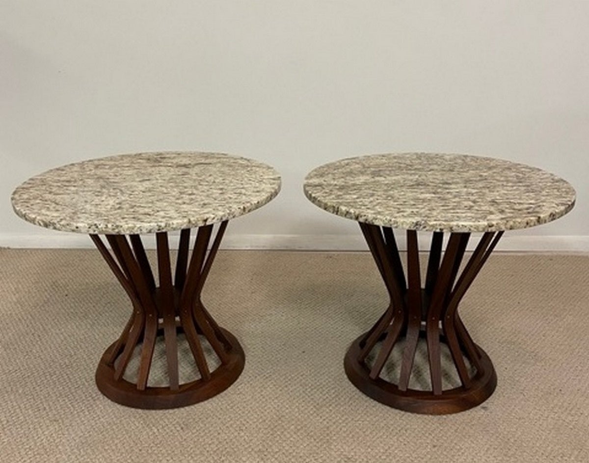 Dunbar Walnut Marble Top Tables Sheaf of Wheat Base Mid-Century Modern Wormley