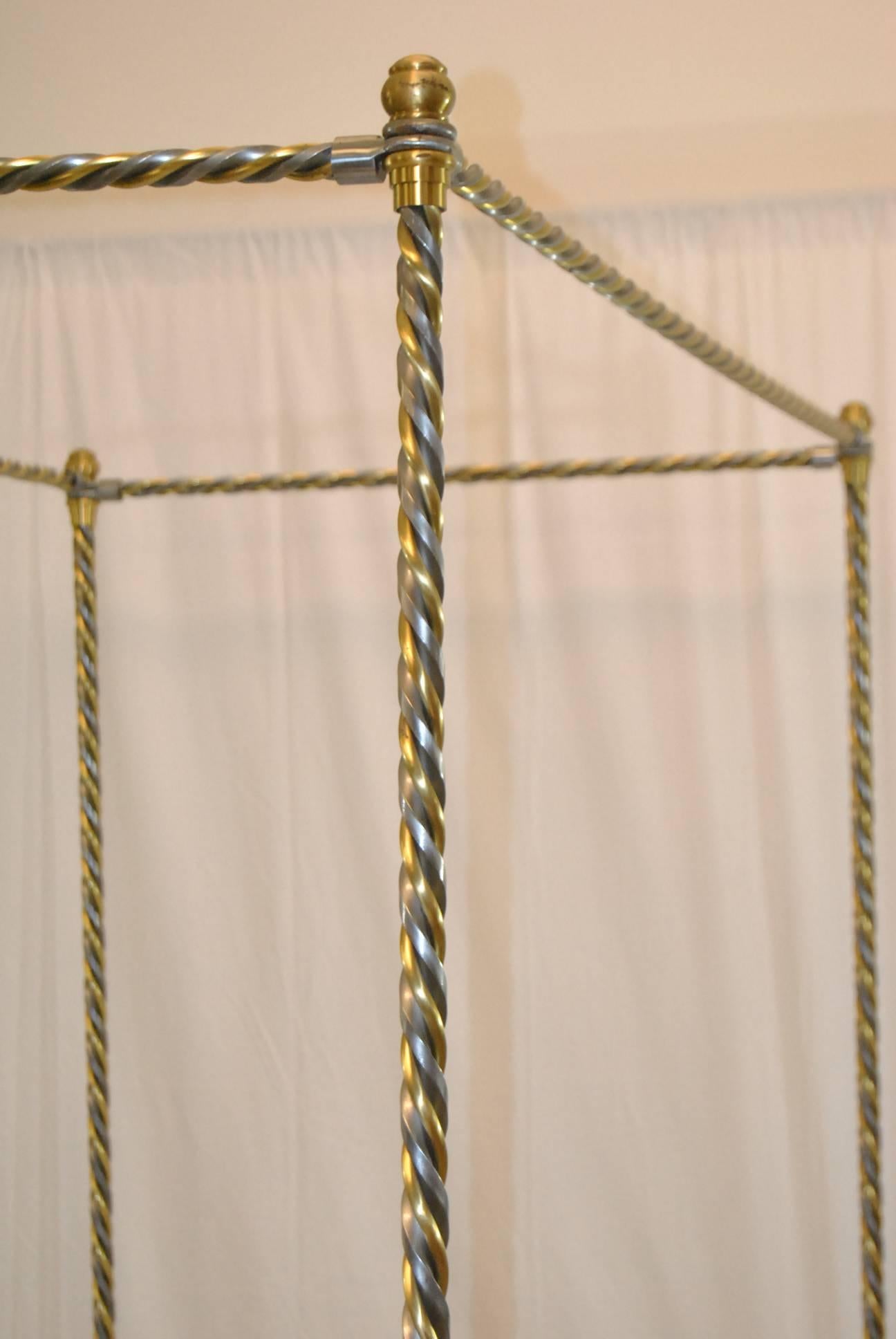 Unknown 20th Century Twisted Iron and Brass Canopy Twin Bed with Tassel Feet
