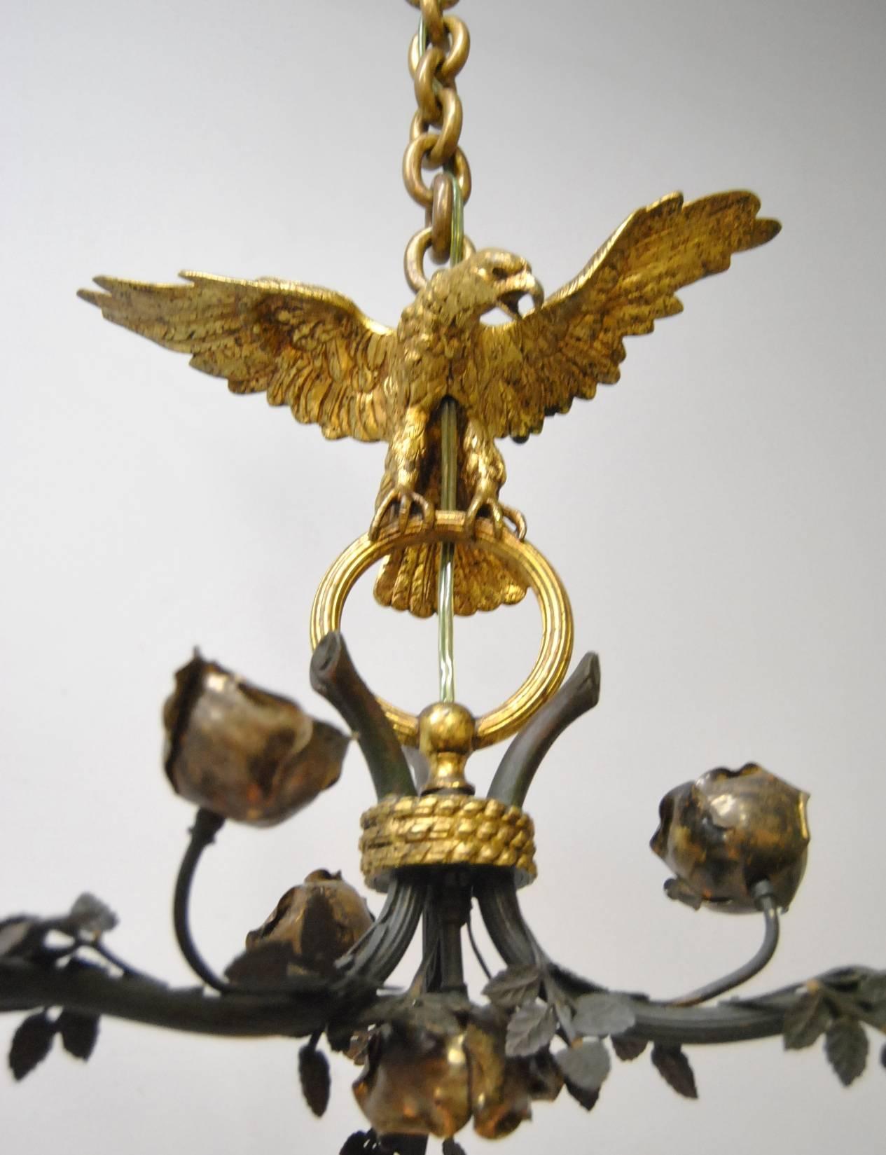 Vintage Bronze French Empire Three-Arm Eagle Chandelier Light Fixture In Good Condition For Sale In Toledo, OH