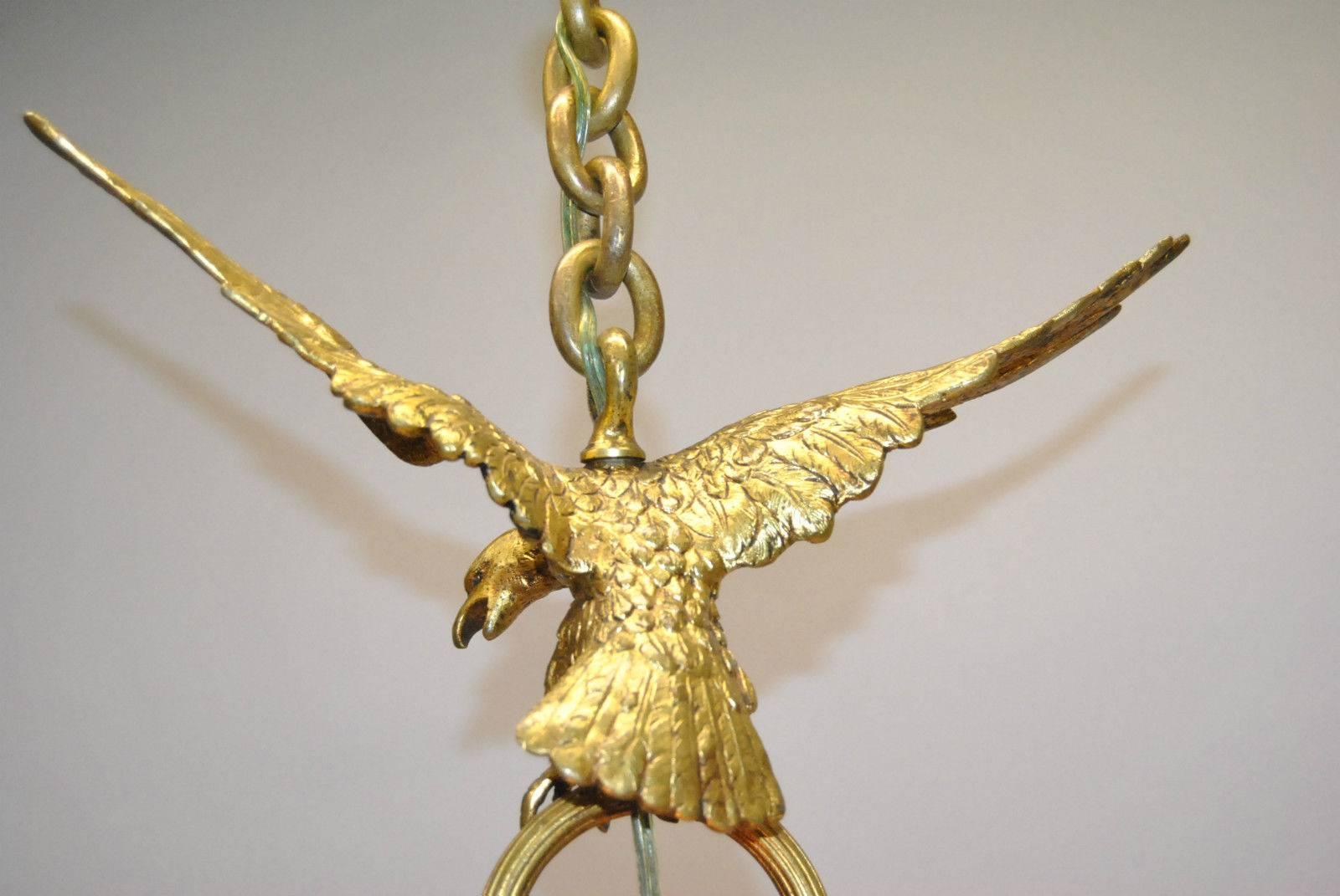 20th Century Vintage Bronze French Empire Three-Arm Eagle Chandelier Light Fixture For Sale
