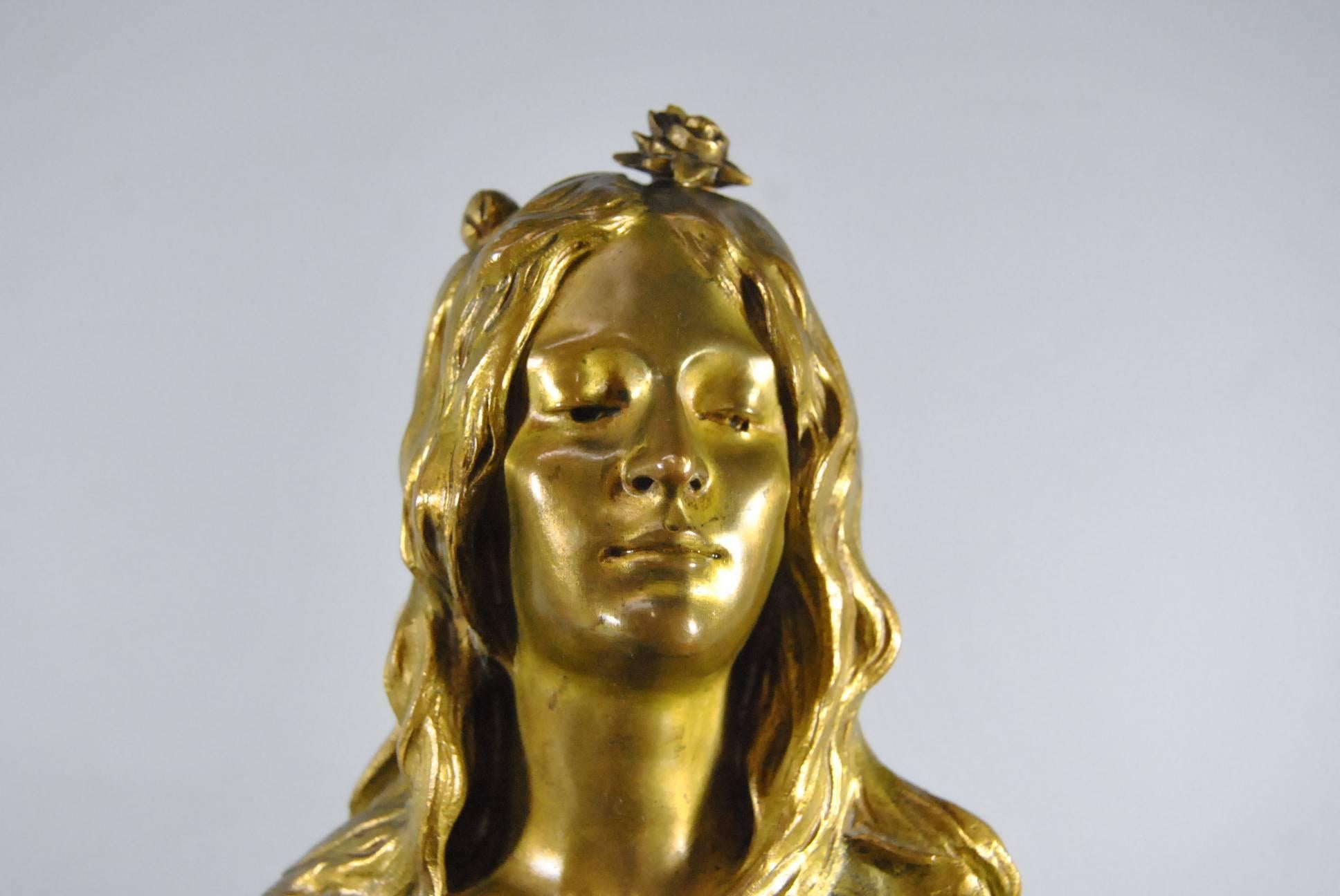 French Art Nouveau Gilt Bronze Bust, Ophelia, with Stand by Leopold Savine 1