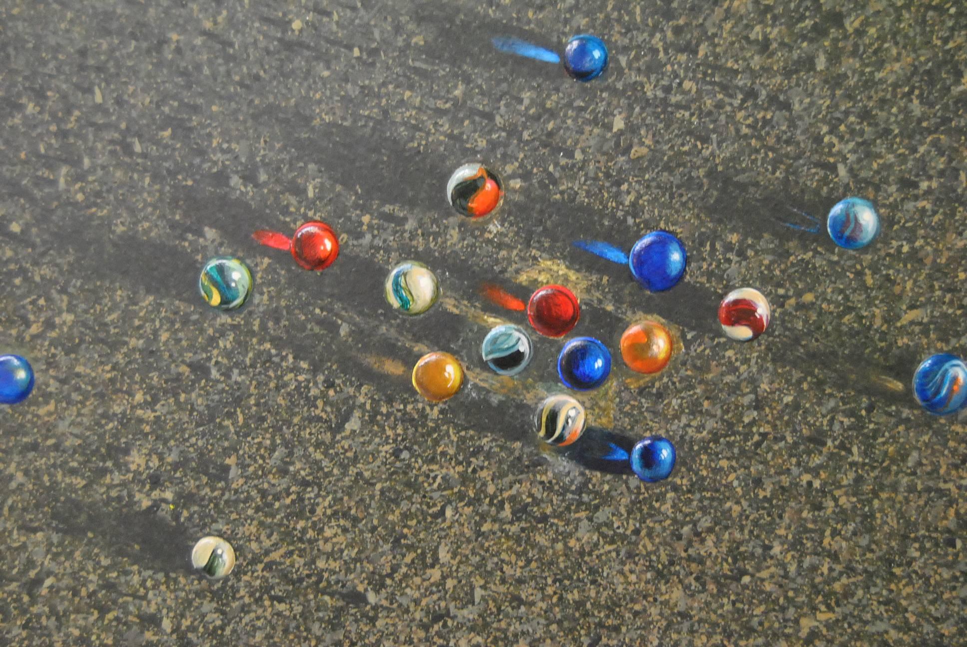 Original acrylic on board by W. Louis Jones.  Entitled Marble Ring, the painting has 3 dimensional marbles with brilliant colors in a ring.  Artist signature in lower right corner.  Tag on back from Arwin Galleries in Detroit, Michigan.  W. Louis