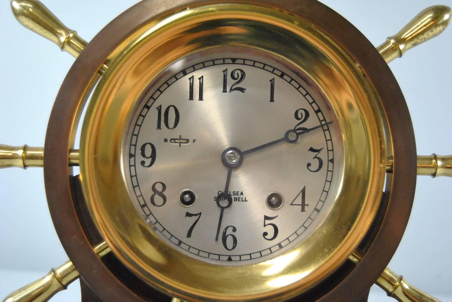 Chelsea Ship's Bell Yacht Wheel, Pilot Model Clock with Stand at 1stdibs
