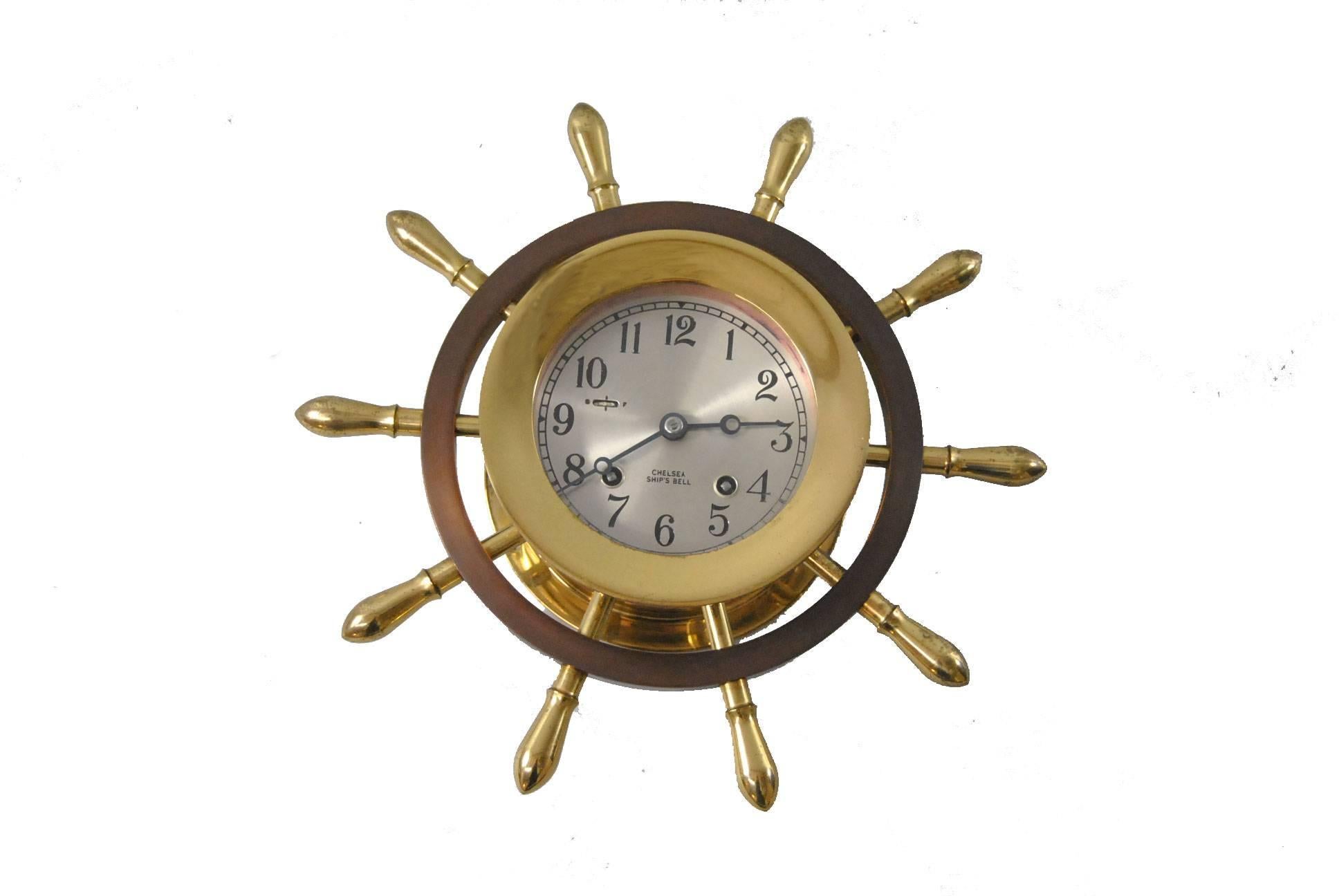 American Chelsea Ship's Bell Yacht Wheel, Pilot Model Clock with Stand