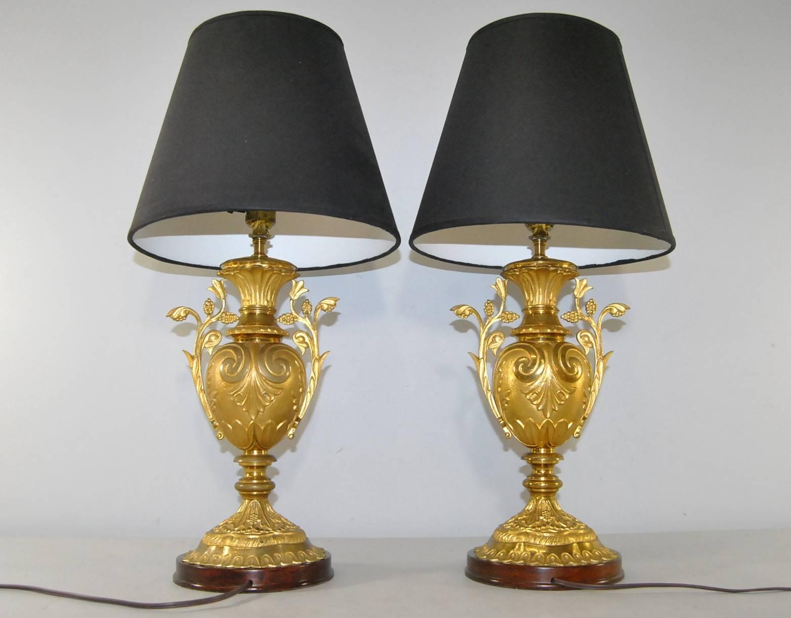 Pair of Turn-of-the-Century French Brass Vases Fitted for Use as Table Lamps In Good Condition In Toledo, OH