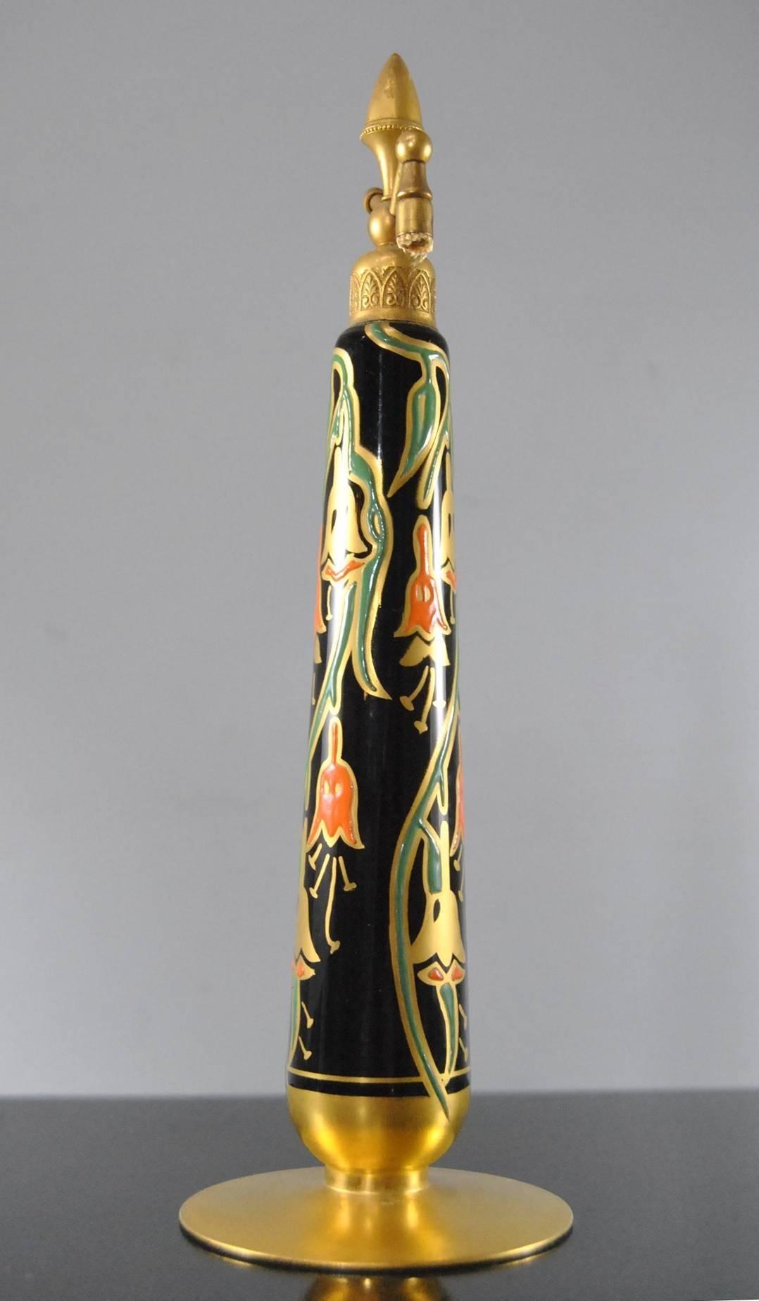 Early 20th Century Art Deco Black Enamel Stylized Flower Atomomizer Perfume Bottle by DeVilbiss