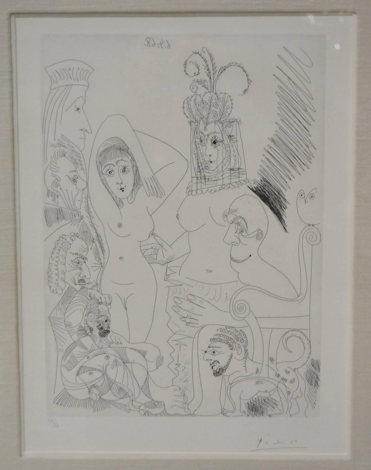 A great signed and numbered Pablo Picasso etching.  This is plate #17 from Series 347 .   Etching is bright with no foxing or staining.  Signed in pencil on the right and numbered 43/50 on the left.  It is in its original frame with Gallery tag: 