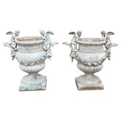 Vintage Pair of Bronze Outdoor Urns with Winged Cherubs