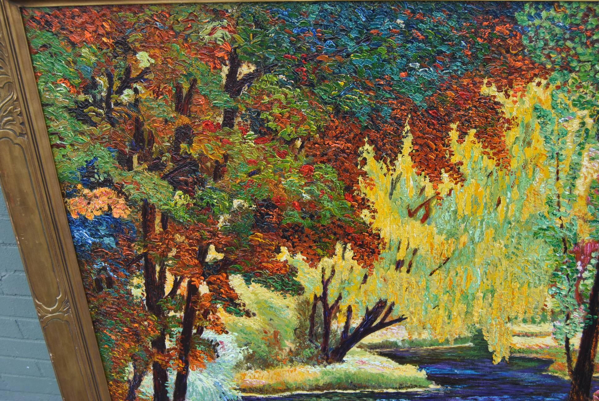 A beautiful impressionistic landscape oil on canvas by W.M. Becker. This painting has heavy texture and vivid colors. Signed in lower right hand corner. Framed in a vintage Newcomb Macklin gold frame. The back says Gold Rain, 1920 and has the