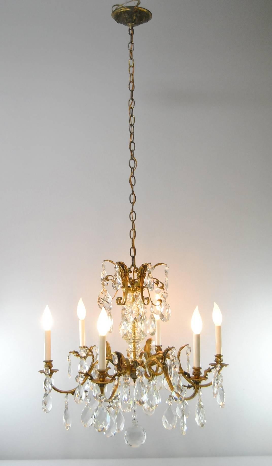 20th Century French Bronze Crystal Chandelier with Six Arms