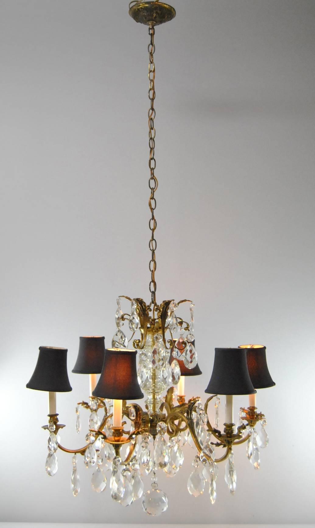 French Provincial French Bronze Crystal Chandelier with Six Arms