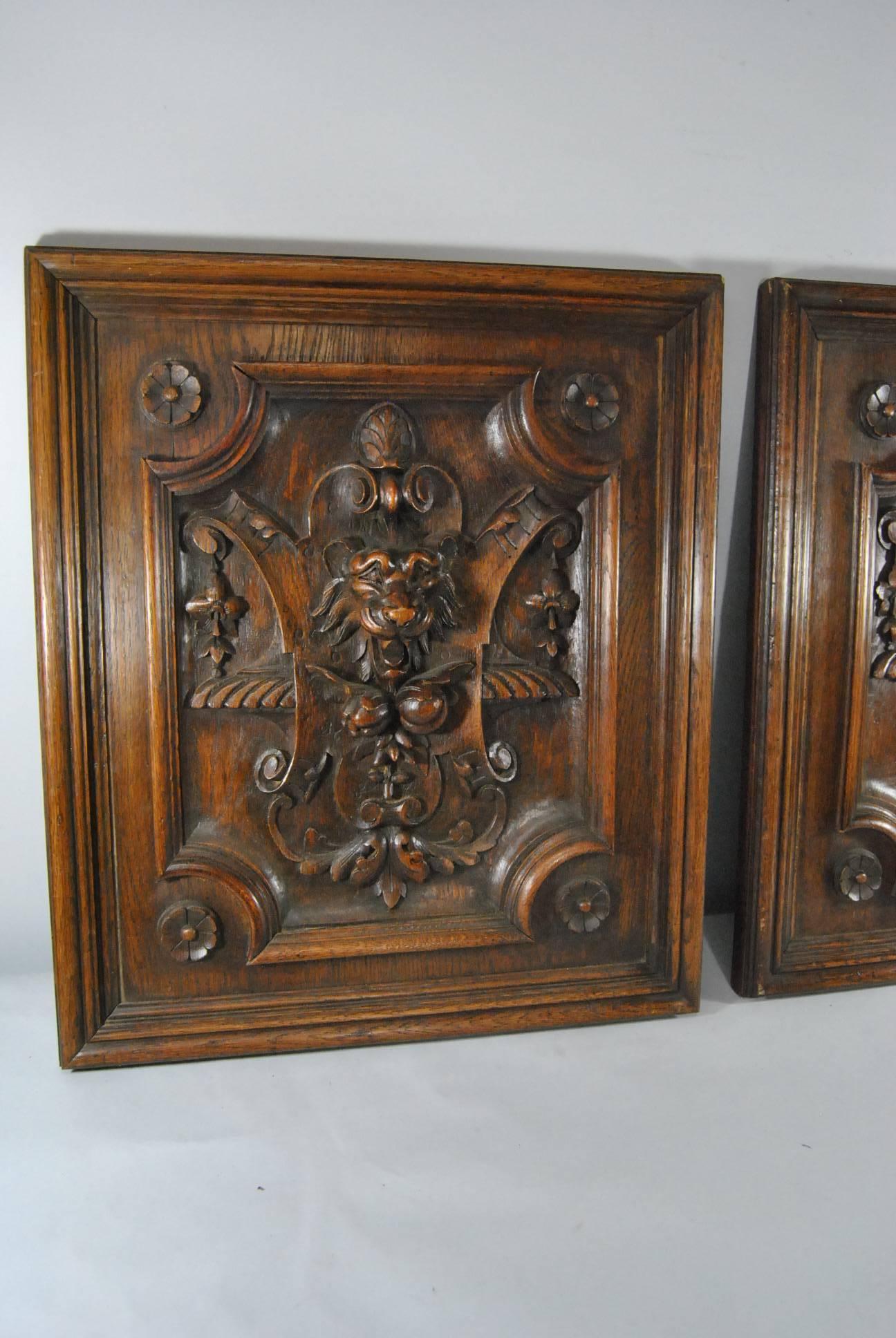 19th Century Tudor Style High Relief Carved Oak Panels with Lions Heads and Fruit