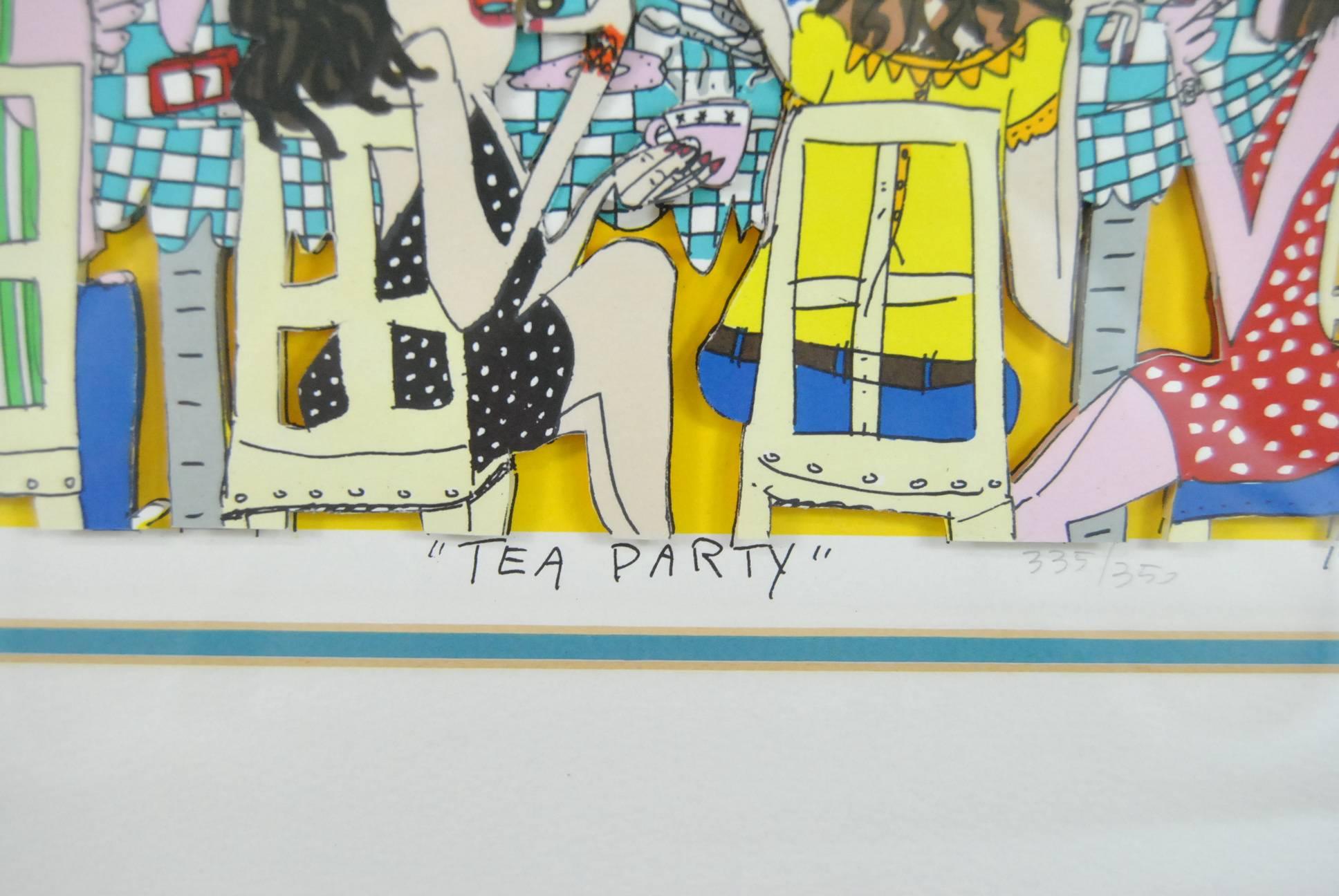 American James Rizzi Tea Party 3-D 1990 Hand-Cut Signed and Numbered Lithograph