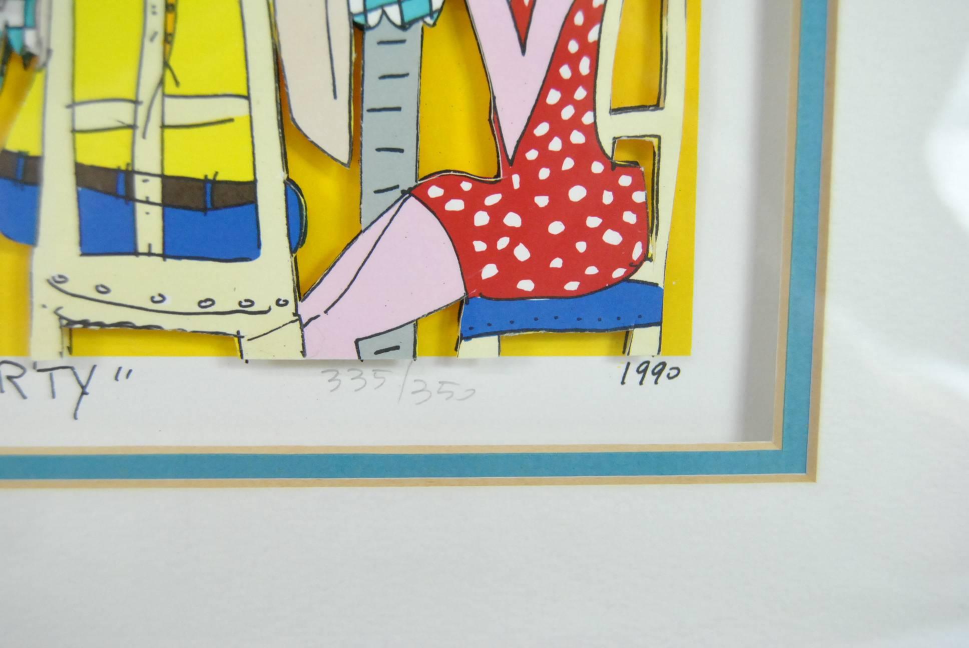 James Rizzi Tea Party 3-D 1990 Hand-Cut Signed and Numbered Lithograph In Good Condition In Toledo, OH