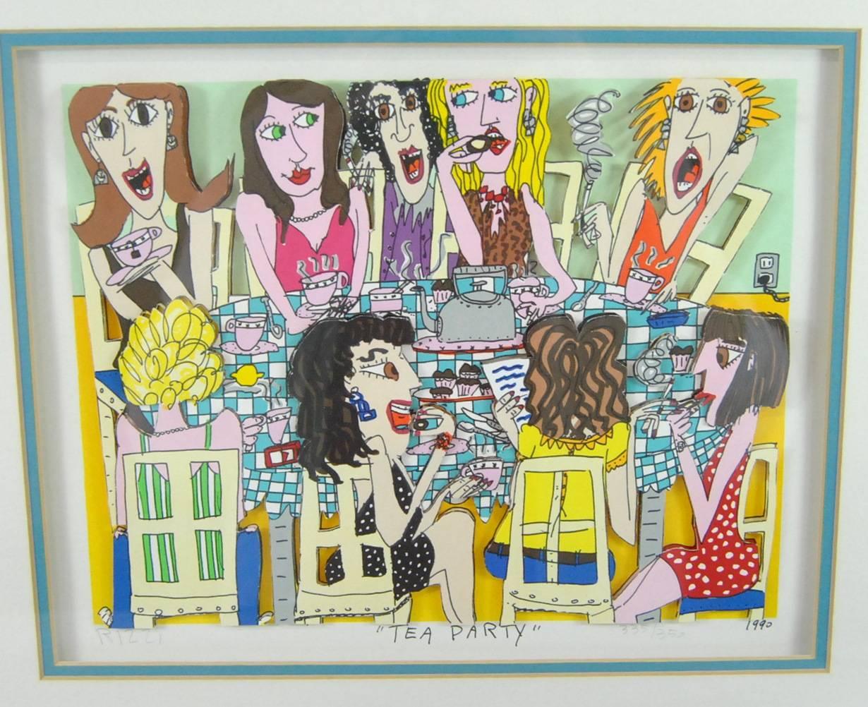 20th Century James Rizzi Tea Party 3-D 1990 Hand-Cut Signed and Numbered Lithograph