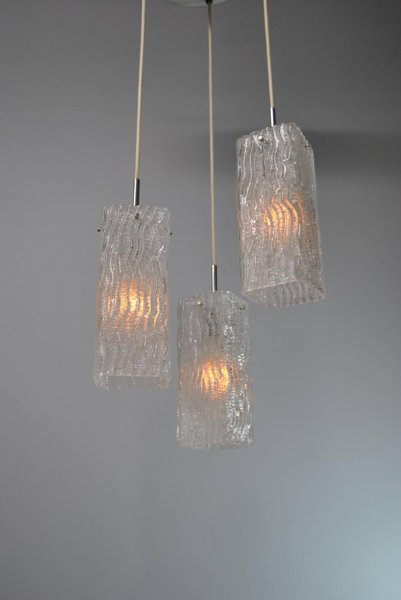 Mid-Century Modern Mid-Century Three Ice Glass Shade Pendant Chandelier Attributed to Fagerlund For Sale