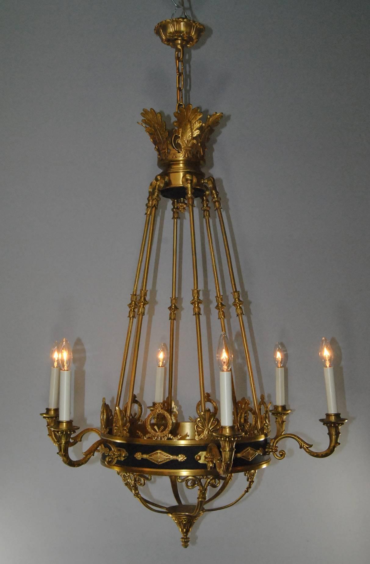 20th Century French Empire Style Six-Arm Chandelier in Gold Dore Bronze and Black Tole Accent