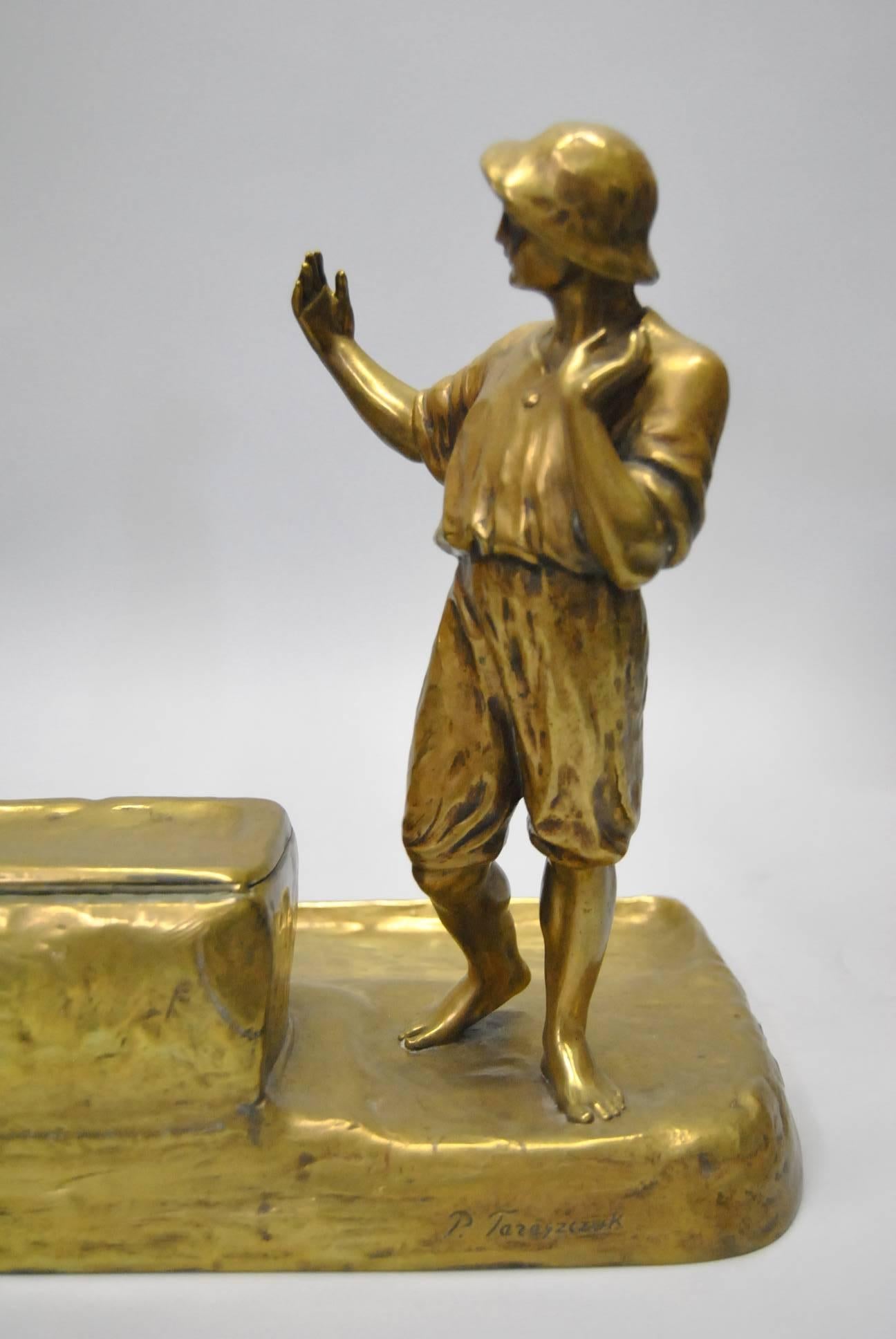 Art Nouveau Antique Bronze Gilt Inkwell by P. Tereszczuk Figural Male and Female