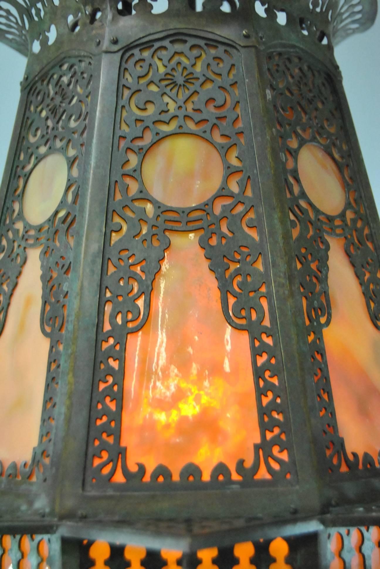 Moorish Style Lantern Chandelier with Glass Inserts by Tiffany 1